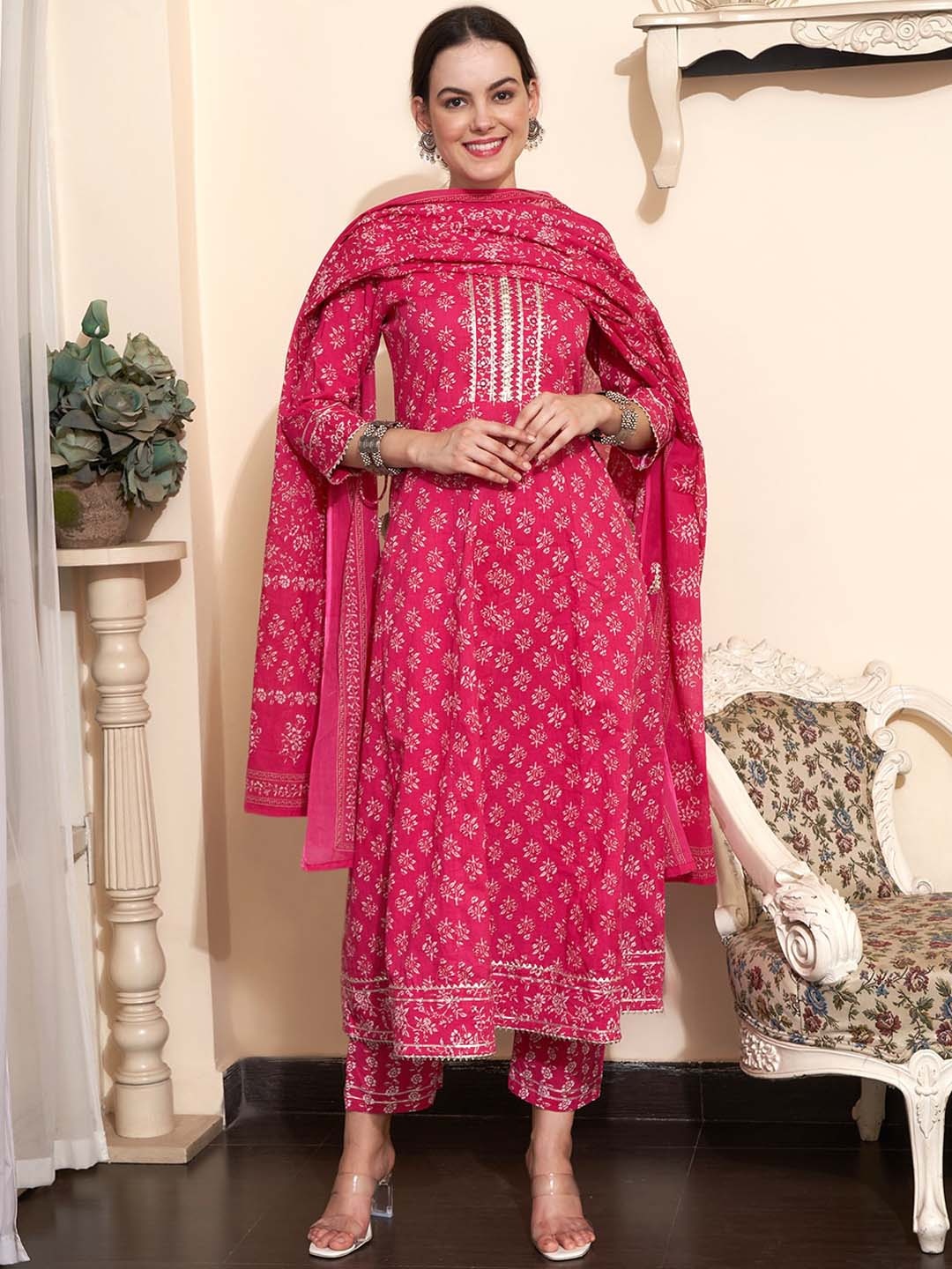 

Sangria Printed & Embroidered Pure Cotton A-Line Kurta With Trouser & Dupatta, Pink