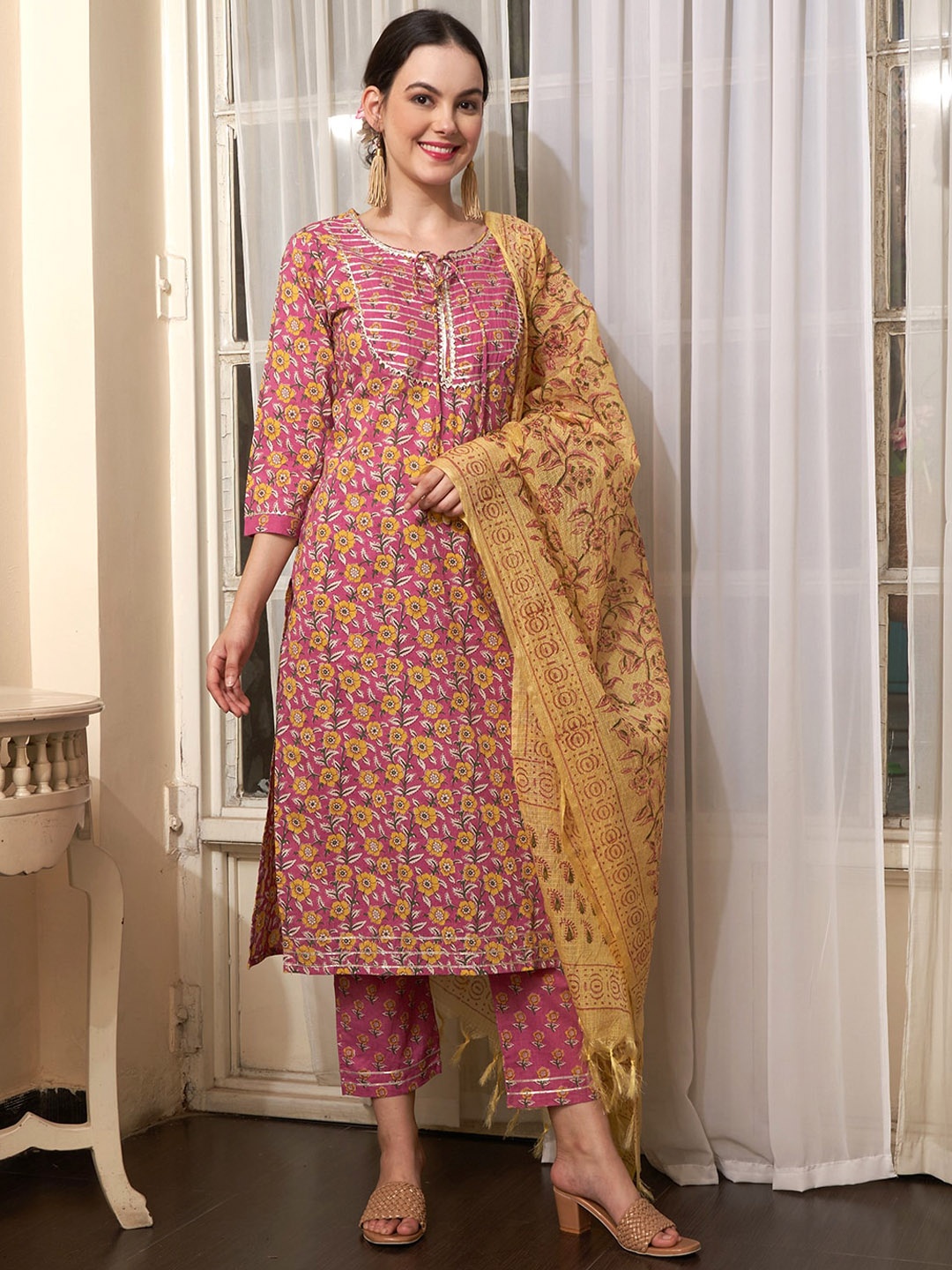 

Sangria Purple Printed Gotta Patti Pure Cotton Kurti with Churidar & With Dupatta