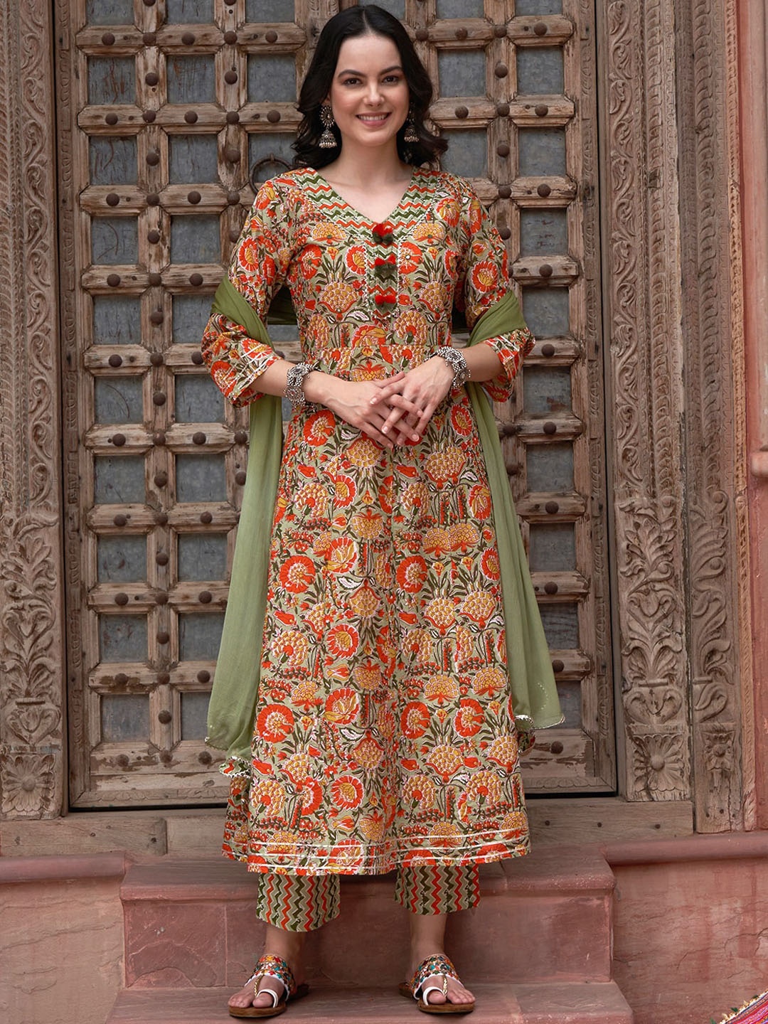 

Sangria Orange Printed Gotta Patti Detail Pure Cotton A-Line Kurta With Trousers & Dupatta, Olive