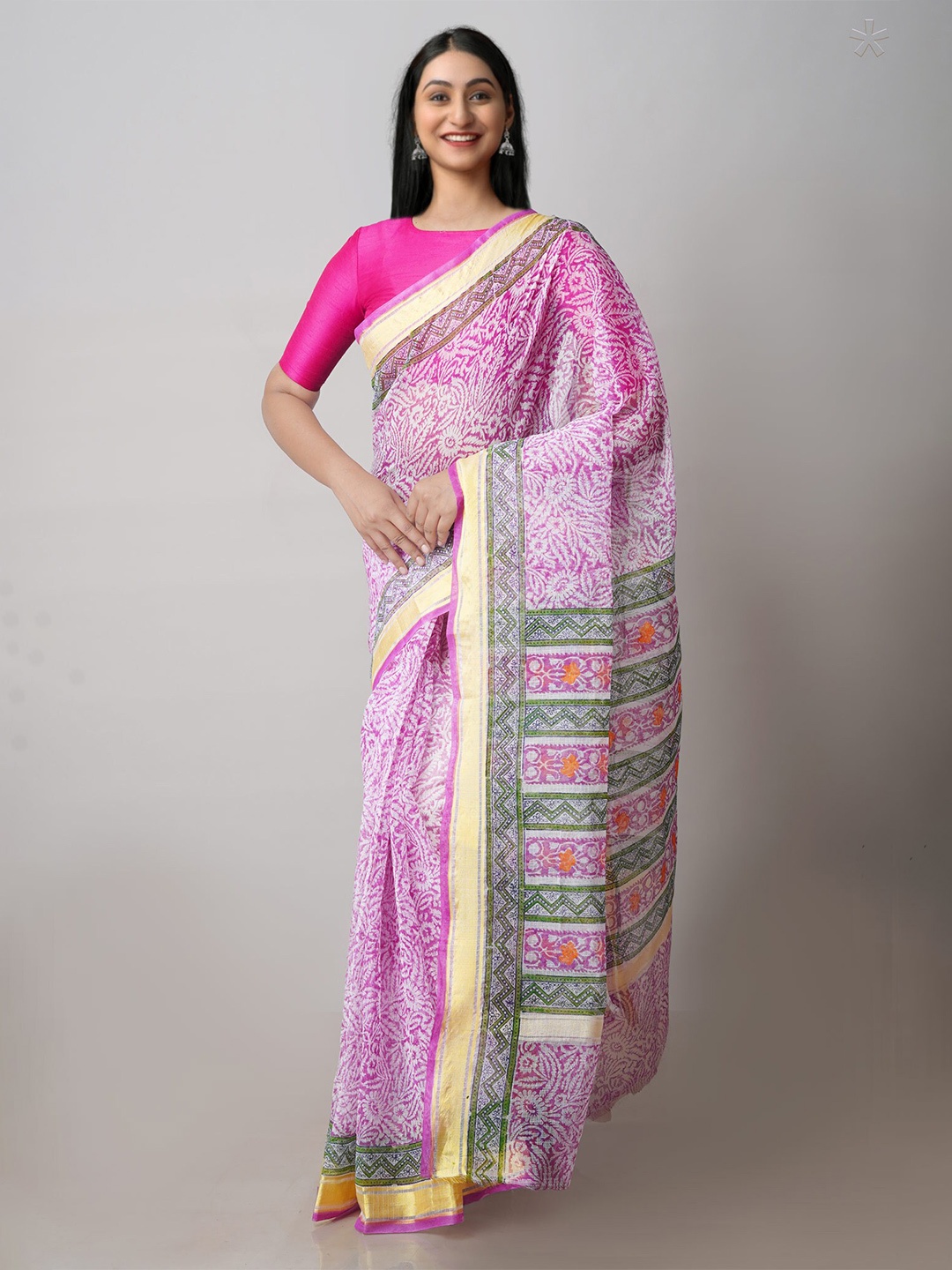 

Unnati Silks Ethnic Motifs Block Printed Zari Pure Cotton Handloom Kota Saree, Pink