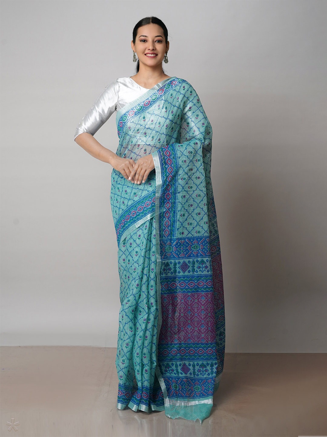 

Unnati Silks Ethnic Motifs Printed Zari Pure Cotton Handloom Kota Saree, Green