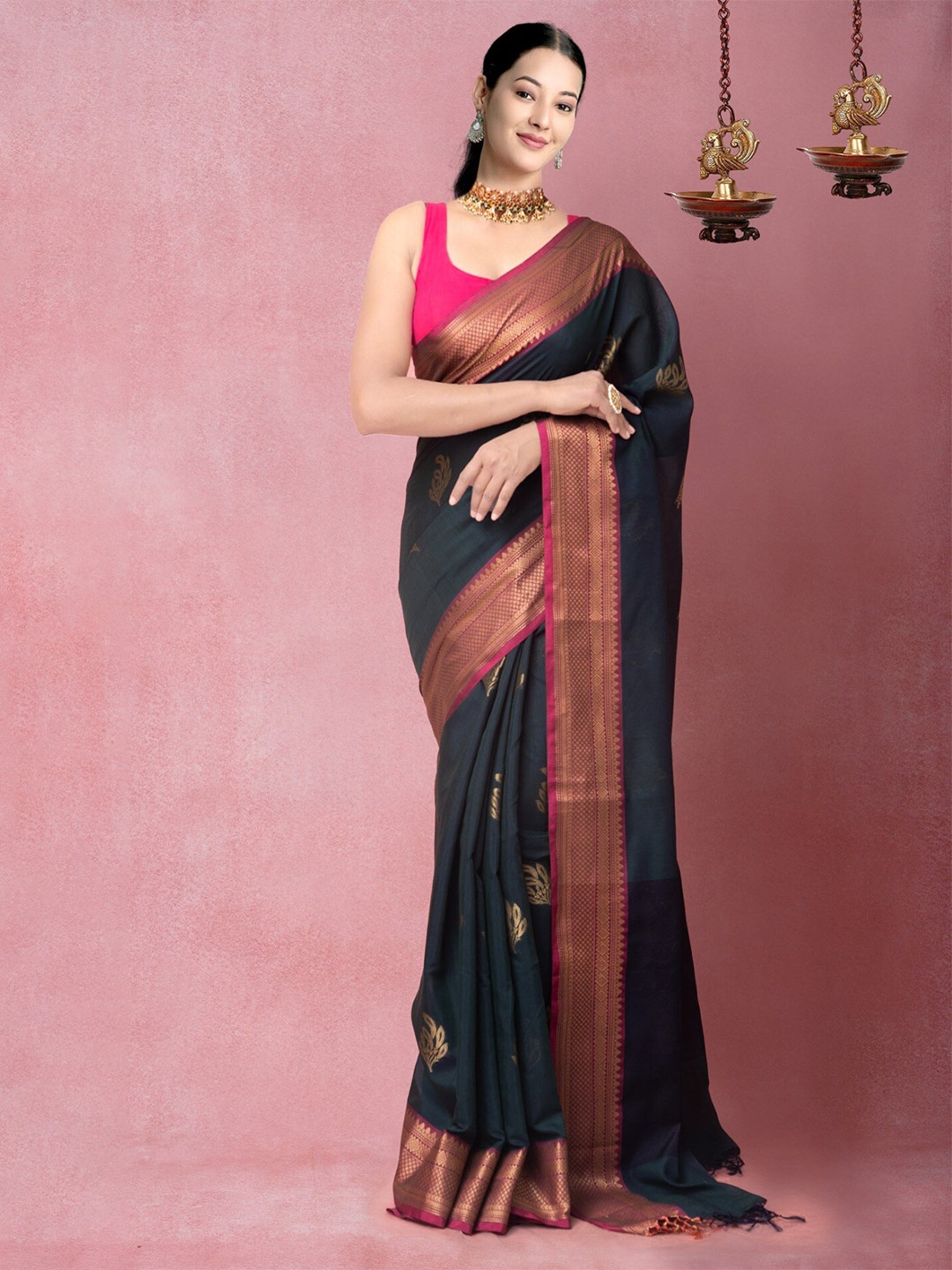 

Unnati Silks Ethnic Woven Design Zari Silk Cotton Chanderi Saree, Green