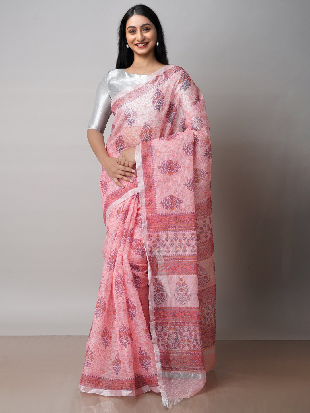 

Unnati Silks Ethnic Motifs Block Printed Zari Pure Cotton Kota Saree, Orange