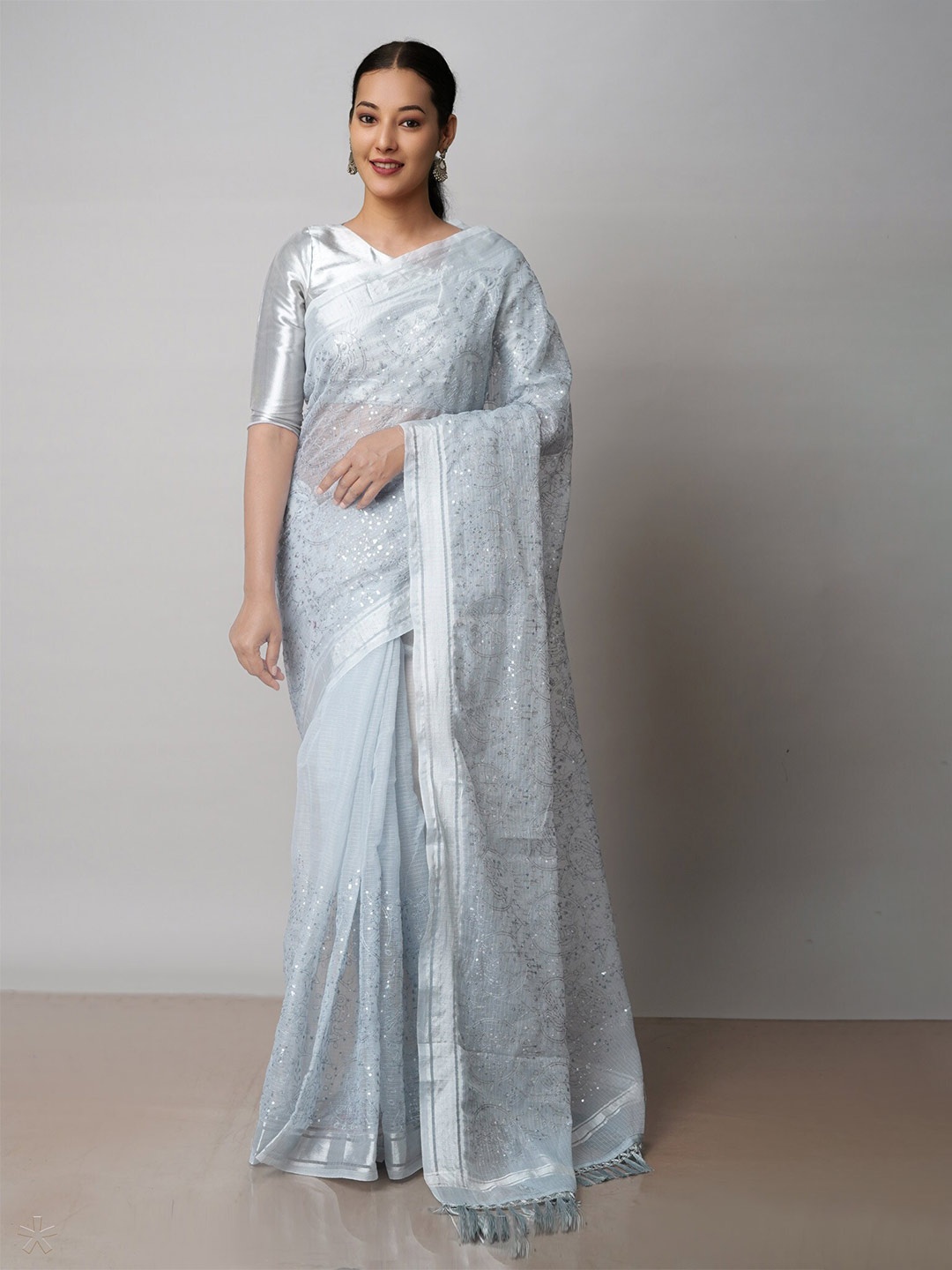 

Unnati Silks Embroidered Sequinned Pure Cotton Handloom Kota Saree, Grey