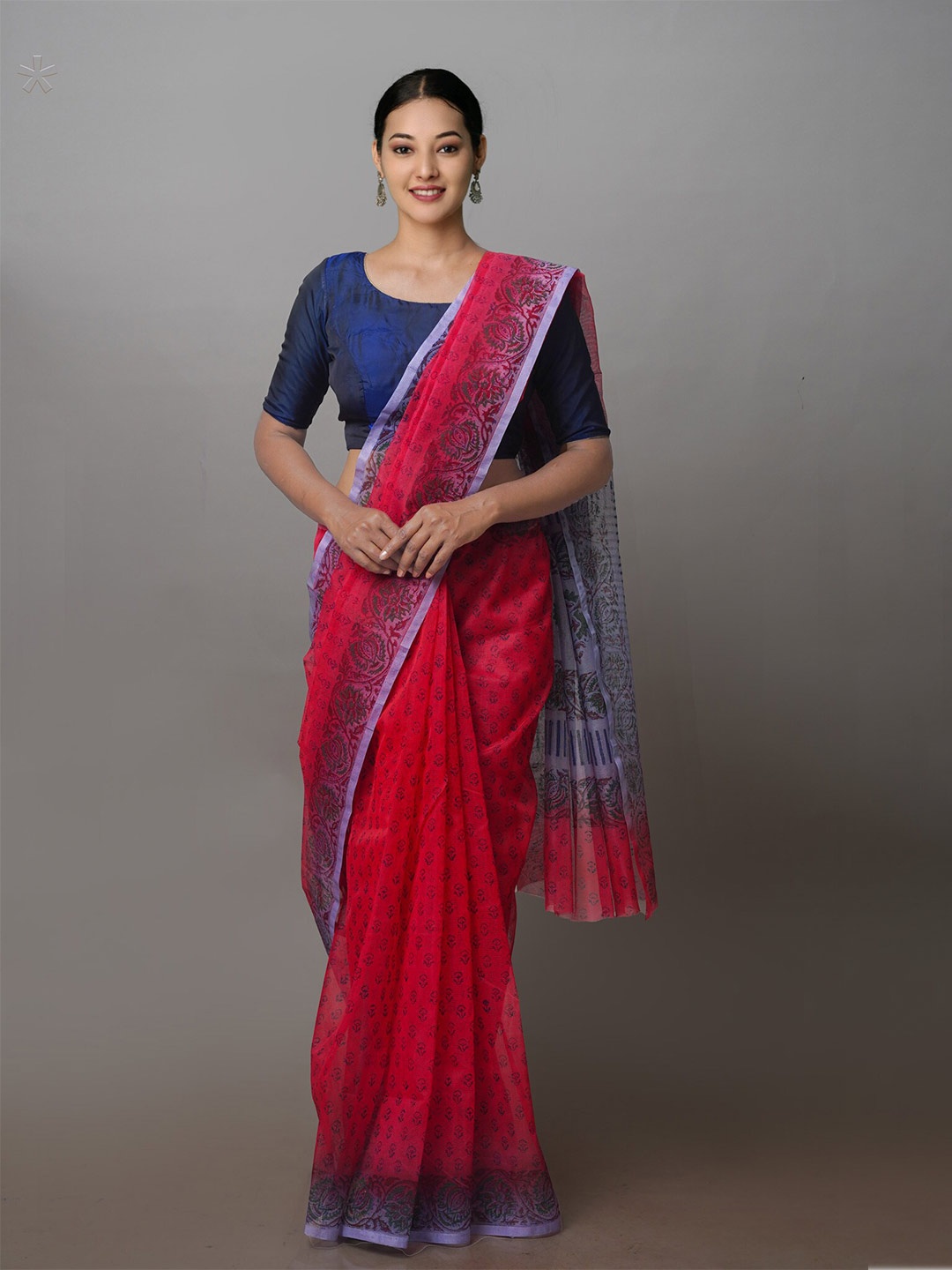 

Unnati Silks Ethnic Motifs Printed Zari Supernet Block Print Saree, Red