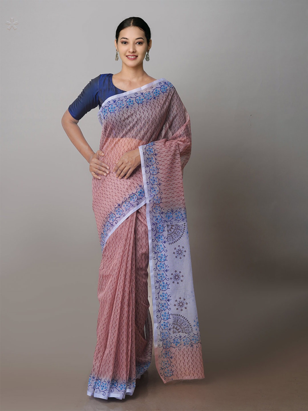 

Unnati Silks Ethnic Motifs Block Printed Zari Supernet Block Print Saree, Brown