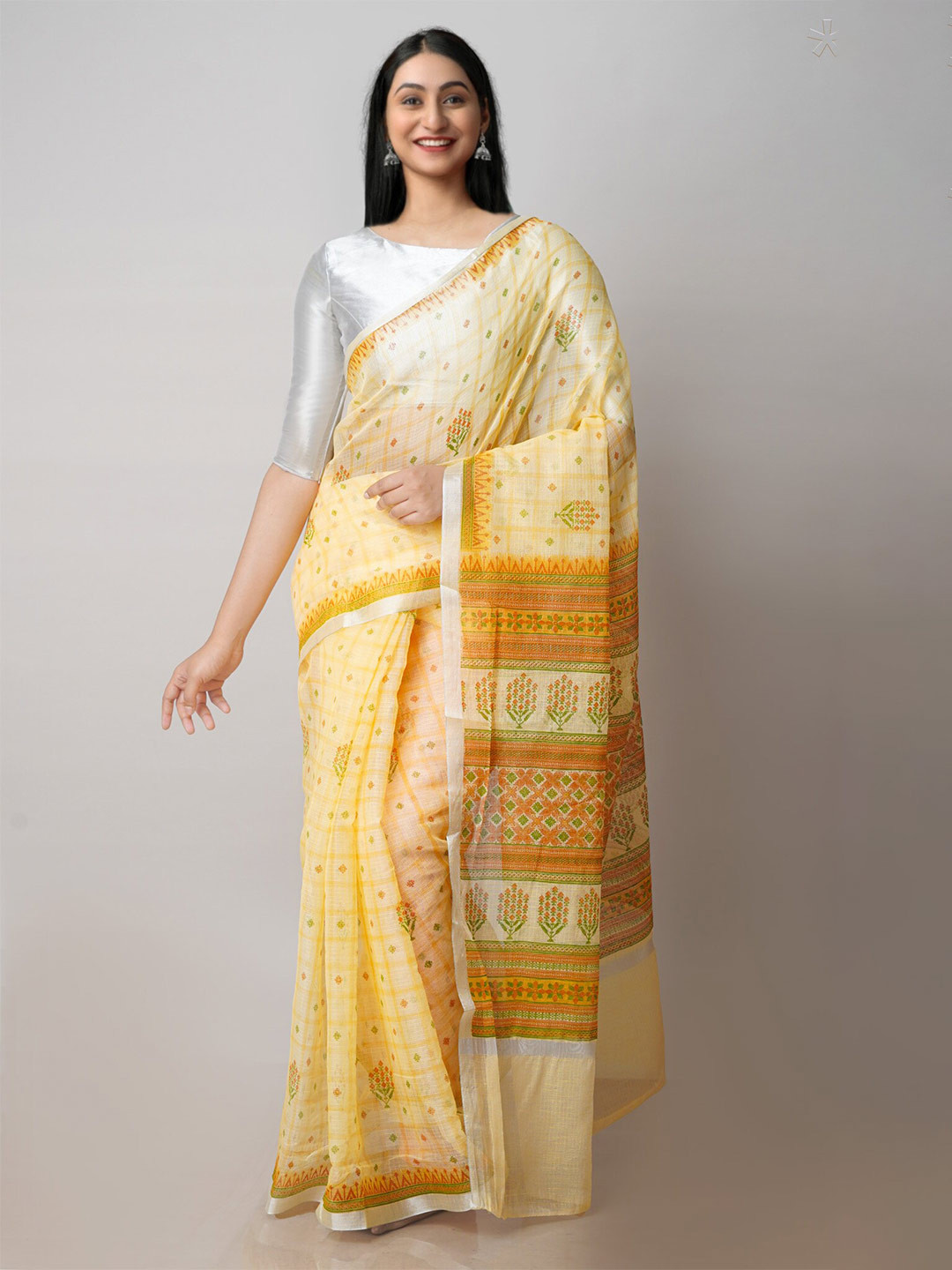 

Unnati Silks Ethnic Motifs Printed Zari Pure Cotton Handloom Kota Saree, Yellow