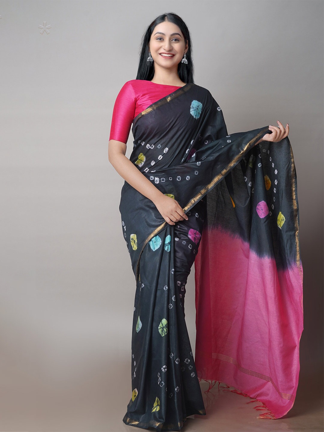 

Unnati Silks Bandhani Printed Zari Silk Cotton Chanderi Saree, Black
