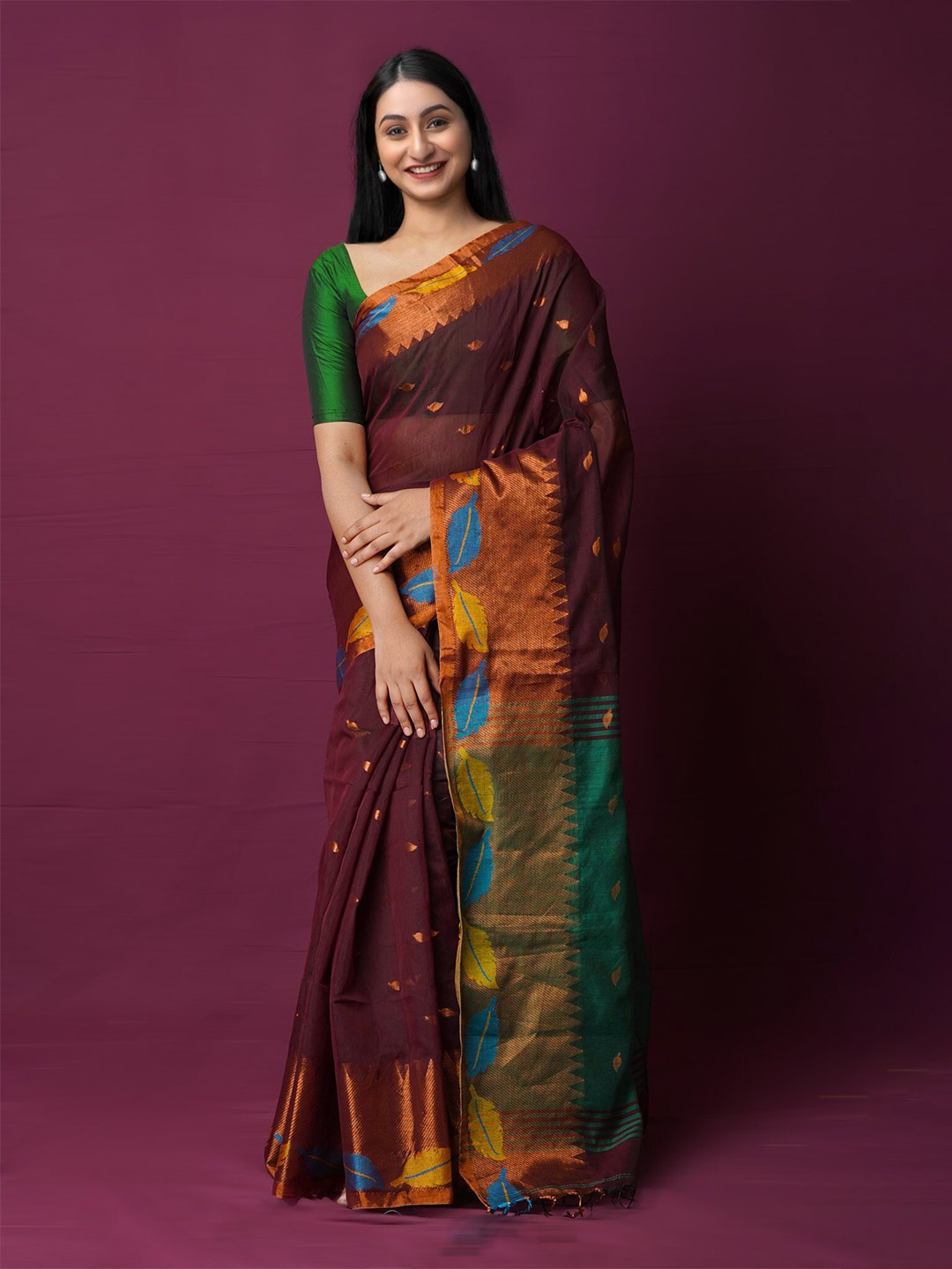 

Unnati Silks Woven Design Zari Silk Cotton Jamdani Saree, Red