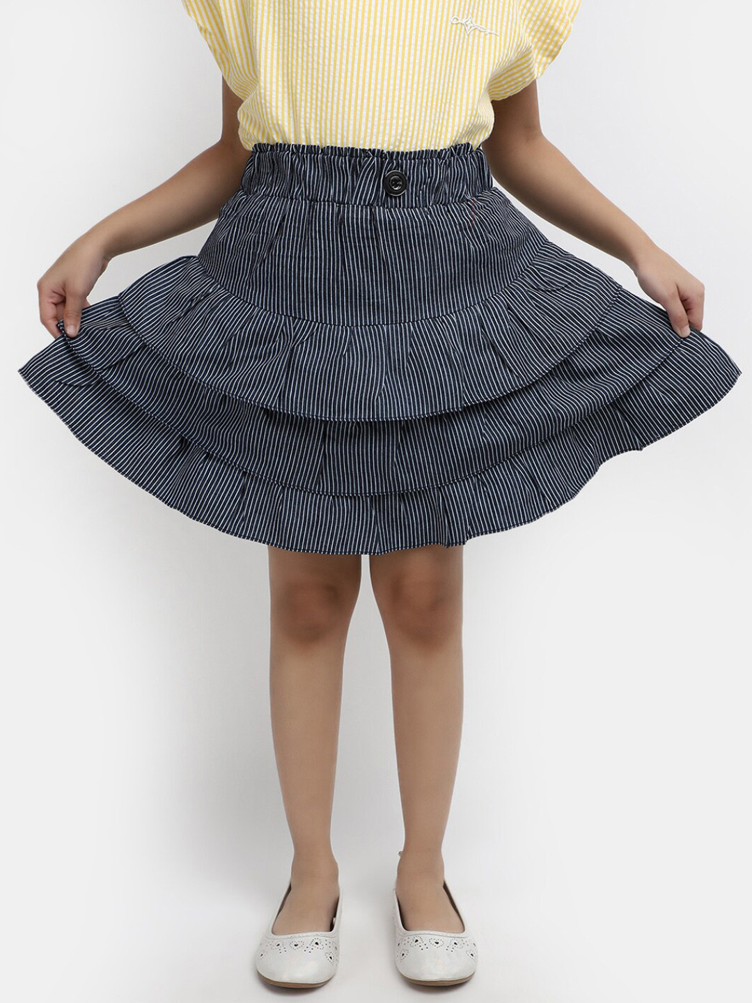 

V-Mart Girls Striped Layered Denim A-Line Skirt, Blue