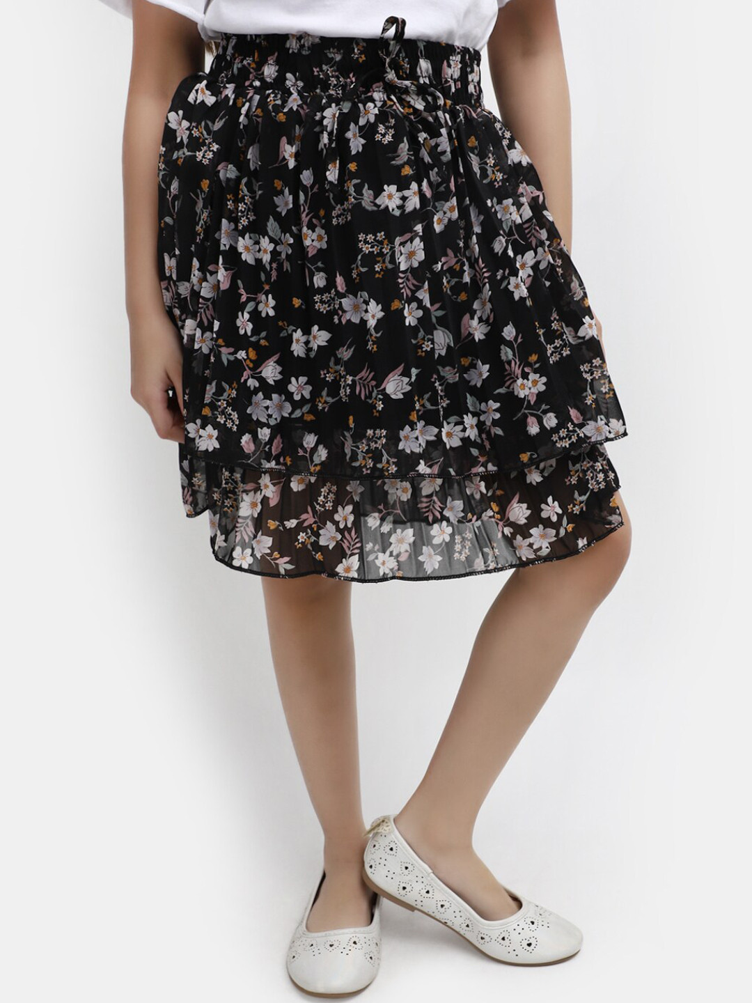 

V-Mart Girl Floral Printed Layered A-Line Skirt, Black