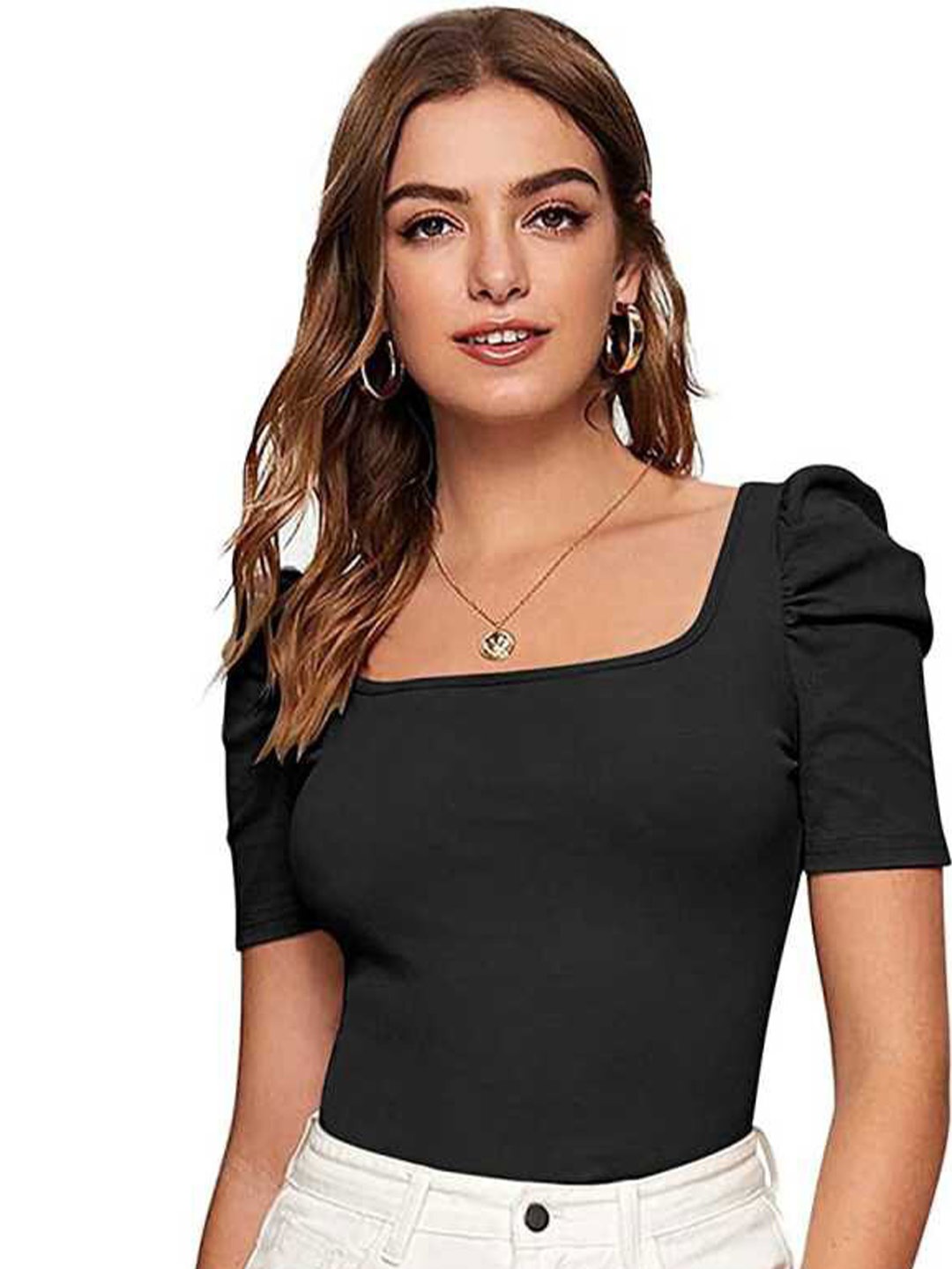 

RAJOVATI Square Neck Puff Sleeves Top, Black