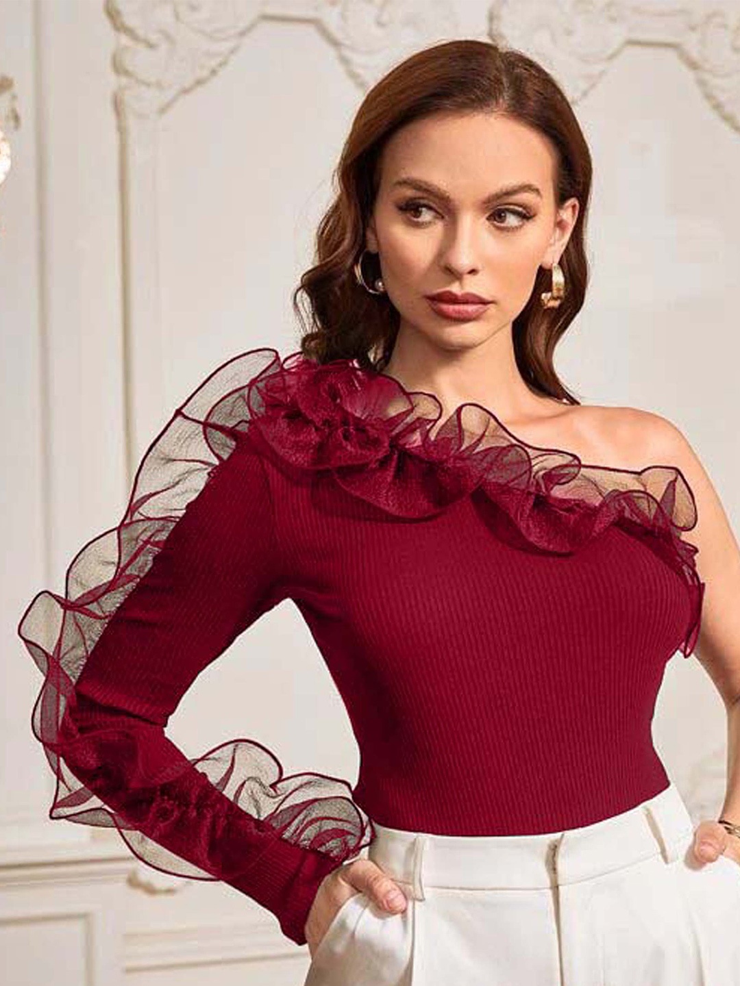 

RAJOVATI One Shoulder Ruffles Cotton Regular Top, Maroon
