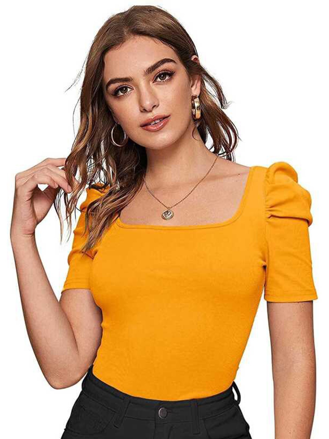 

RAJOVATI Square Neck Puff Sleeves Top, Yellow