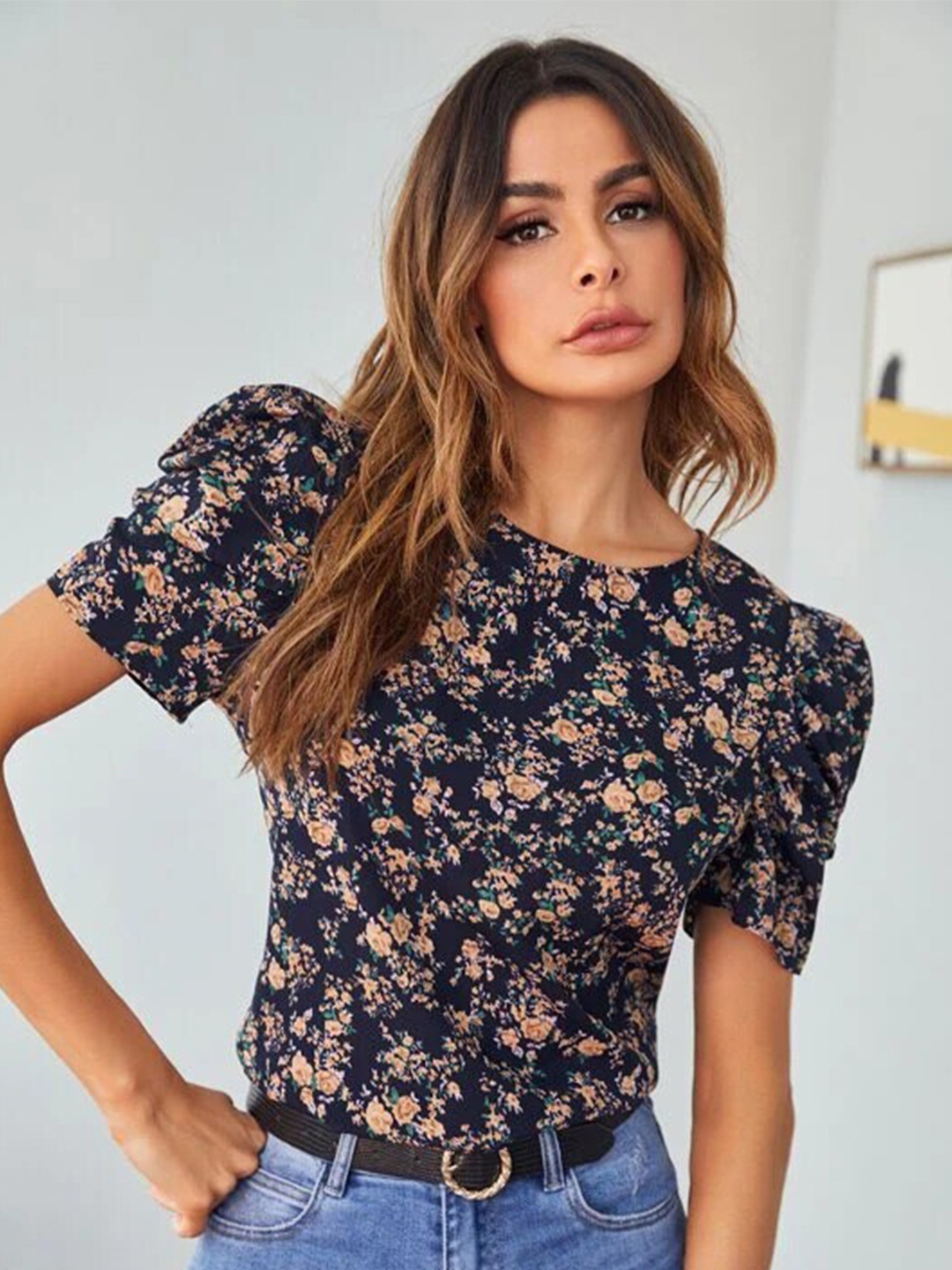 

RAJOVATI Floral Printed Puff Sleeve Cotton Top, Navy blue