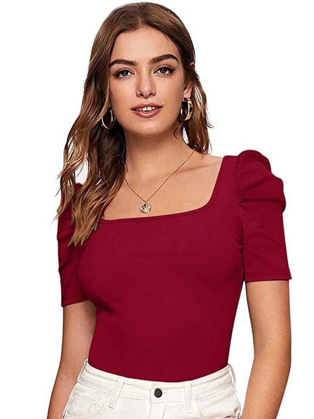 

RAJOVATI Square Neck Puff Sleeve Top, Maroon