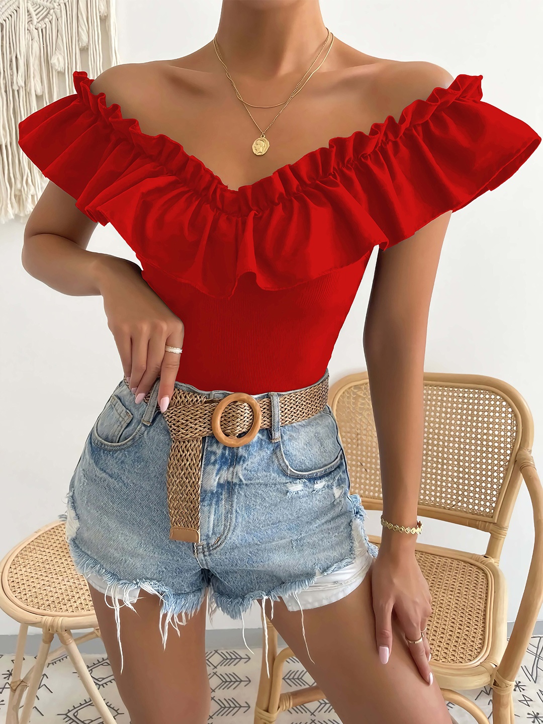

RAJOVATI Off-Shoulder Flutter Sleeve Ruffled Cotton Bardot Top, Red