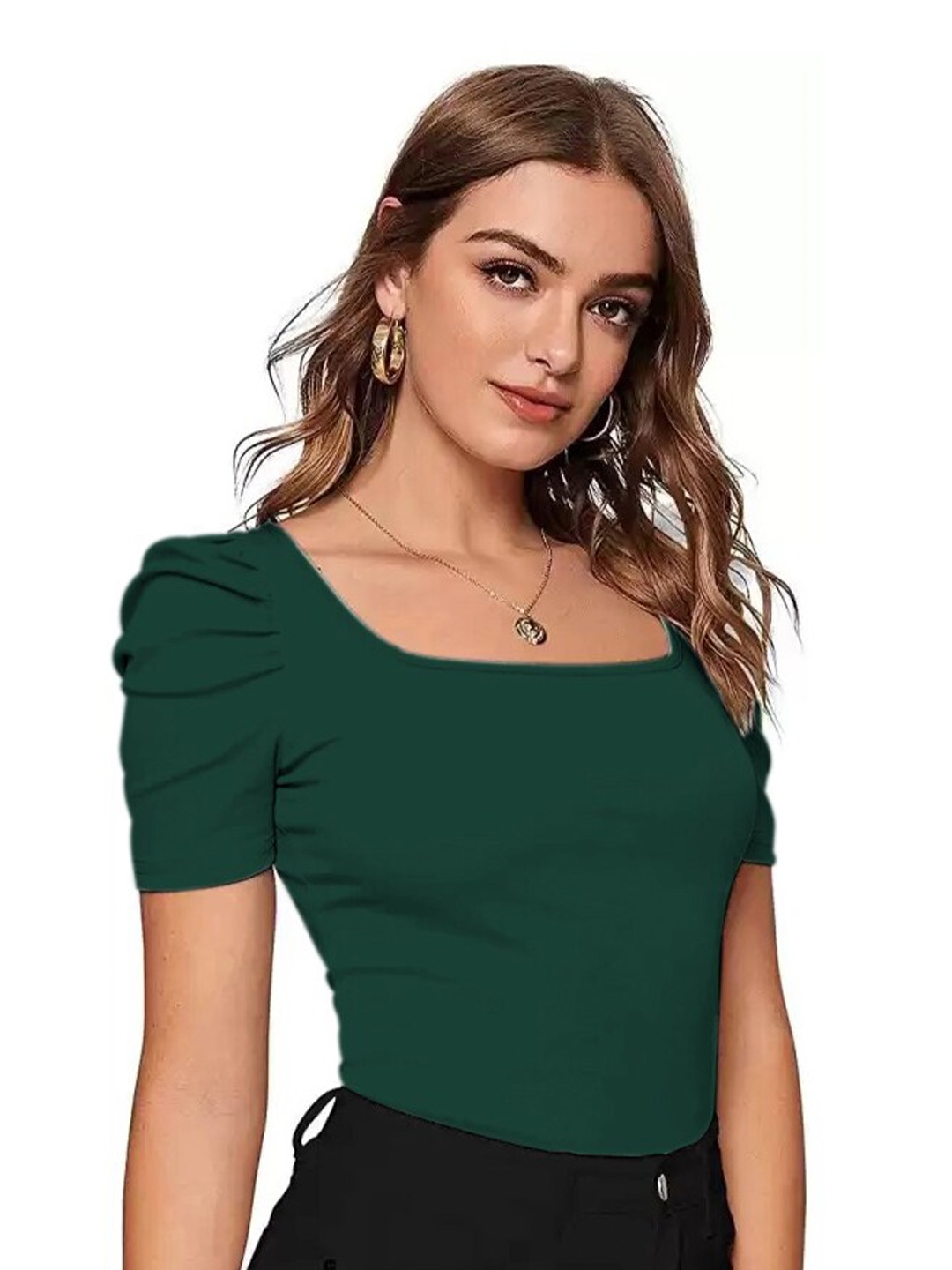 

RAJOVATI Square Neck Puff Sleeve Top, Green