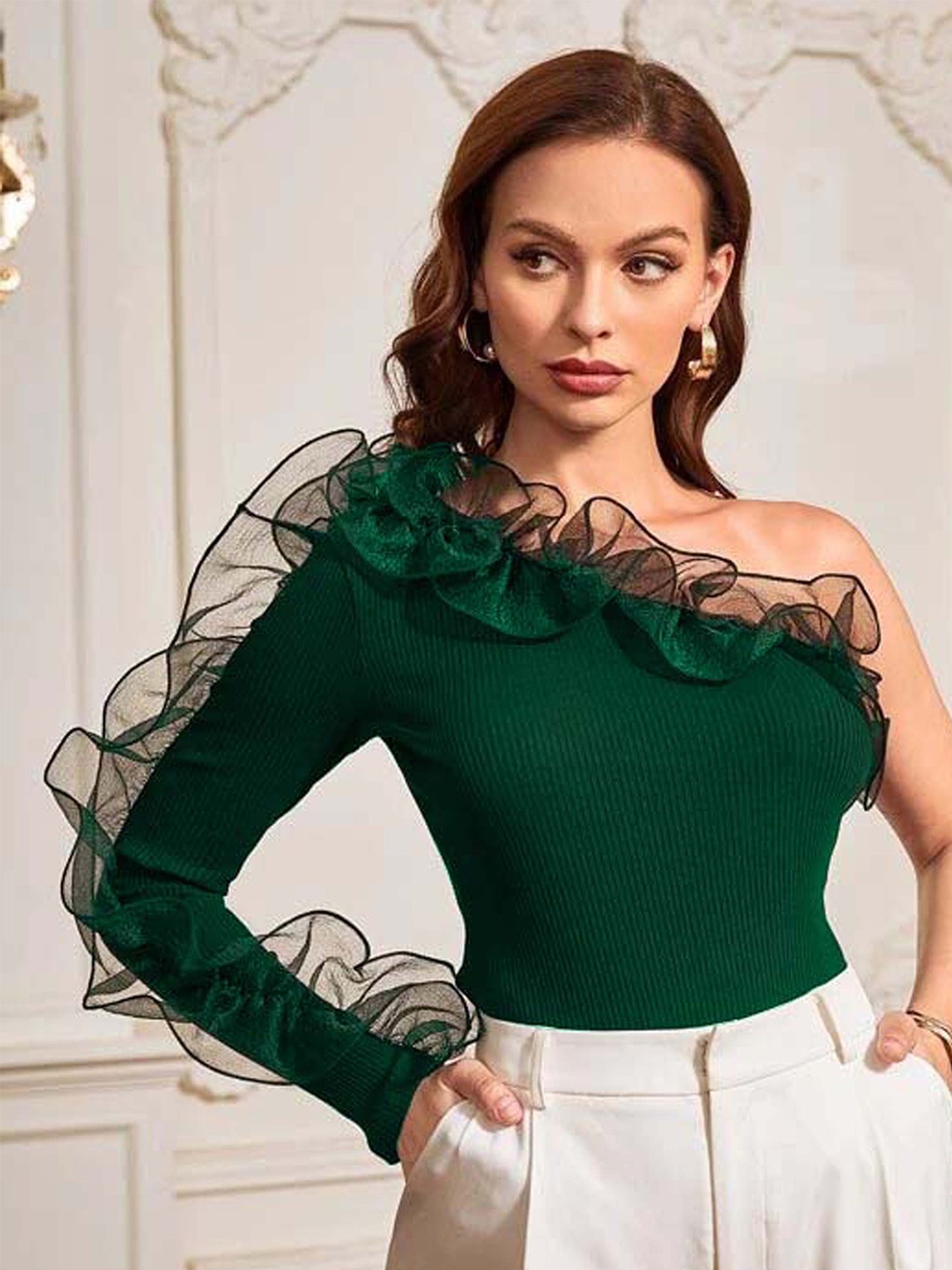 

RAJOVATI One Shoulder Ruffles Cotton Regular Top, Green