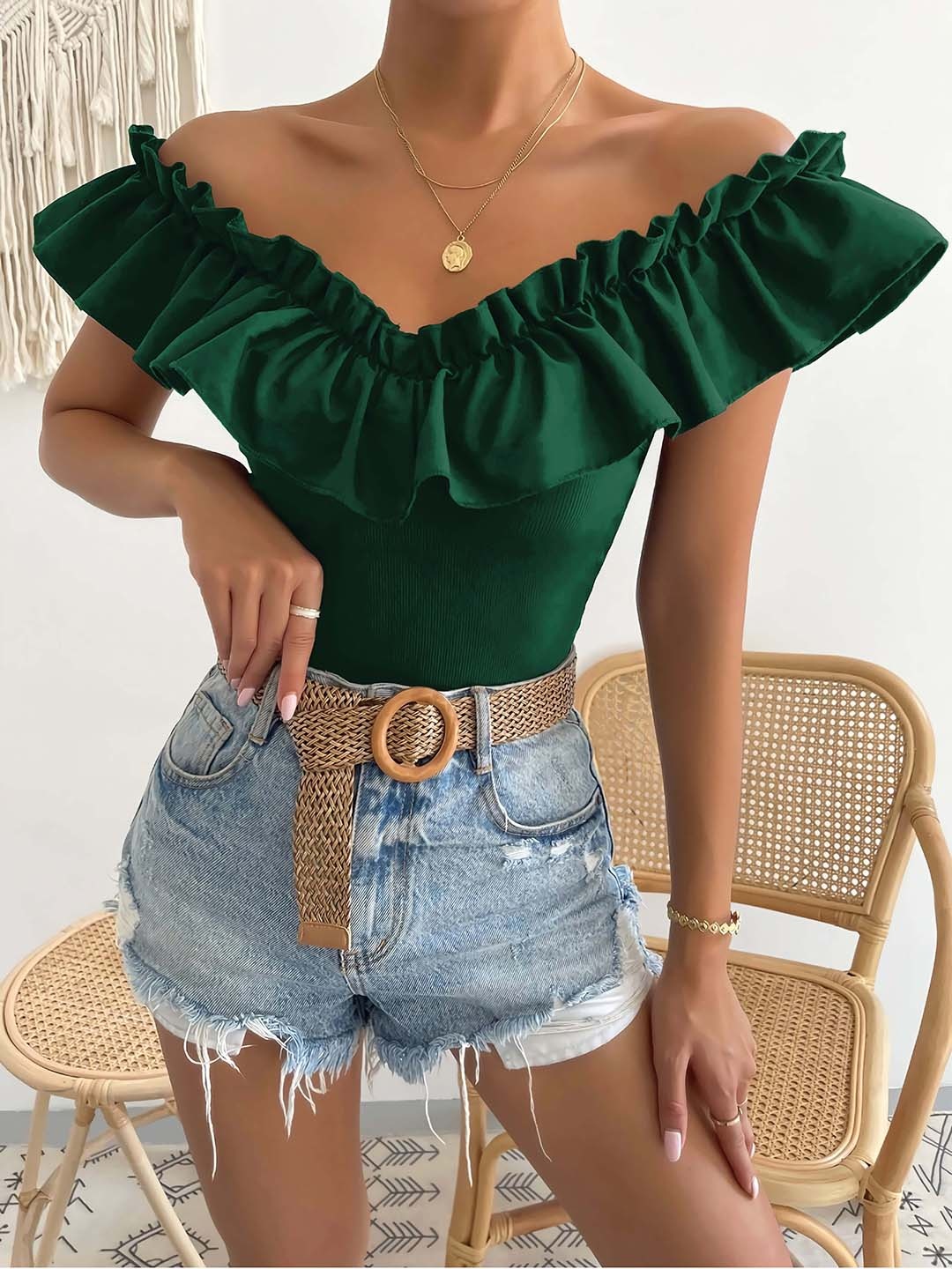 

RAJOVATI Off-Shoulder Flutter Sleeves Cotton Bardot Crop Top, Green
