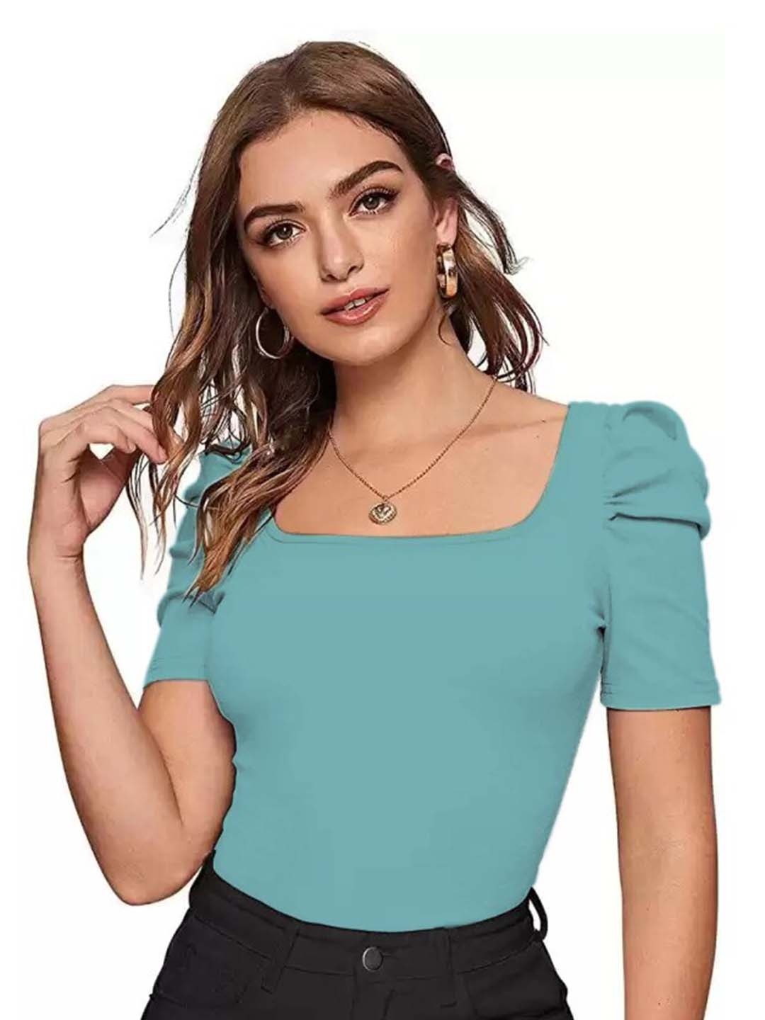 

RAJOVATI Puff Sleeves Fitted Top, Turquoise blue