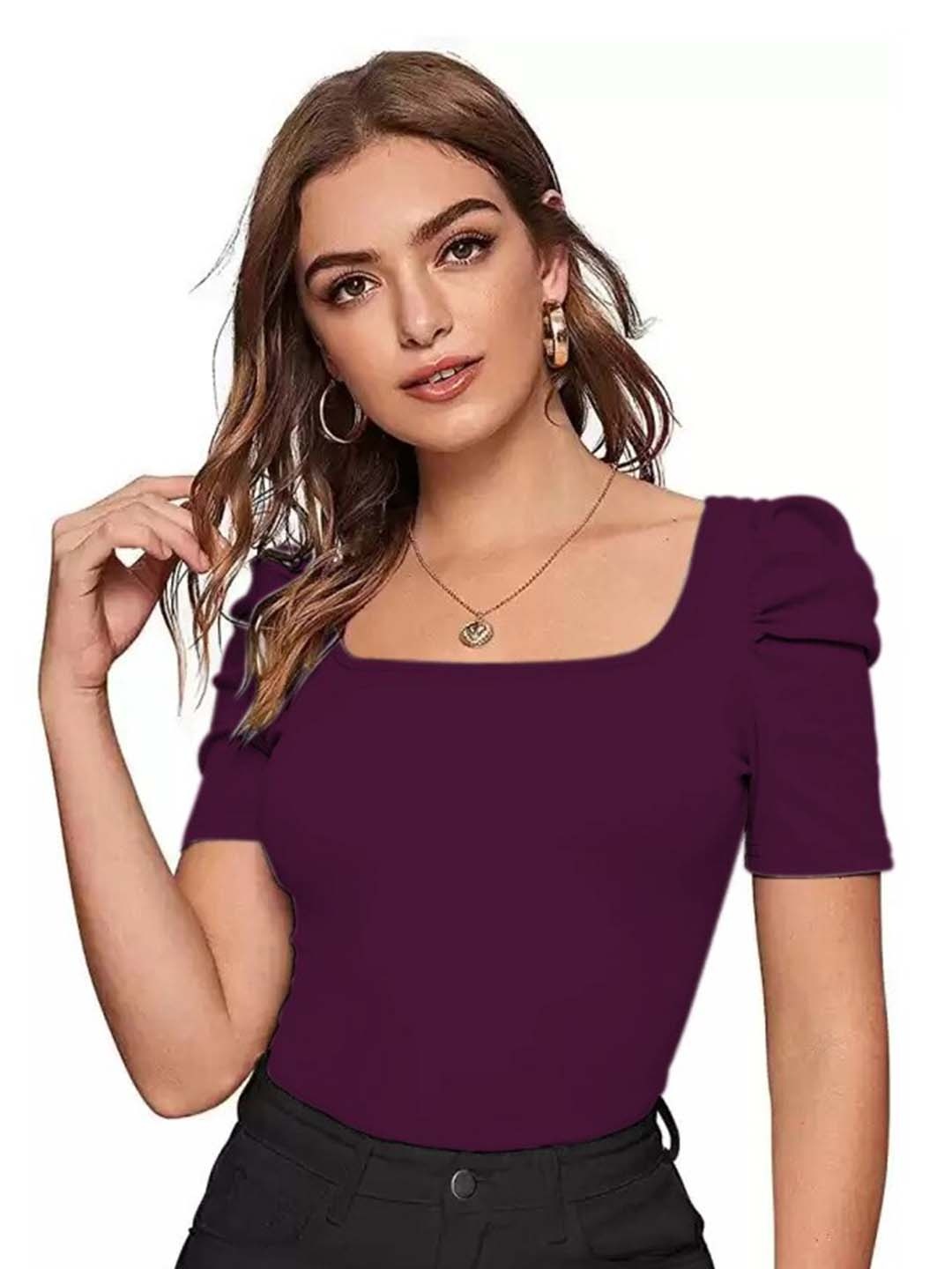 

RAJOVATI Square Neck Puff Sleeves Top, Purple