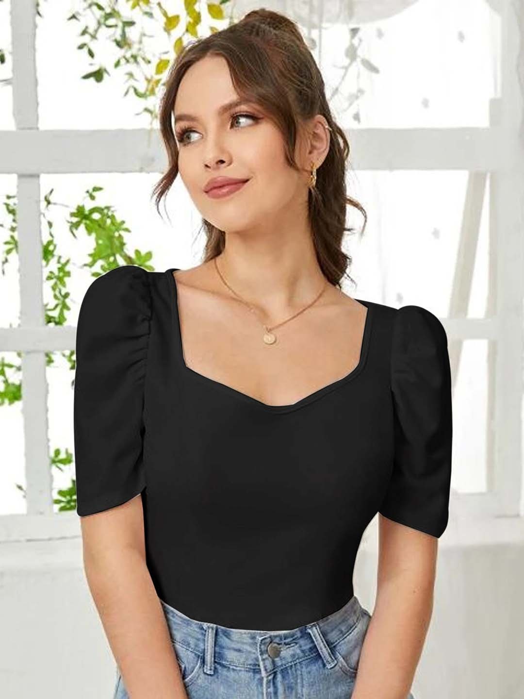 

RAJOVATI Sweetheart Neck Puff Sleeves Cotton Regular Top, Black