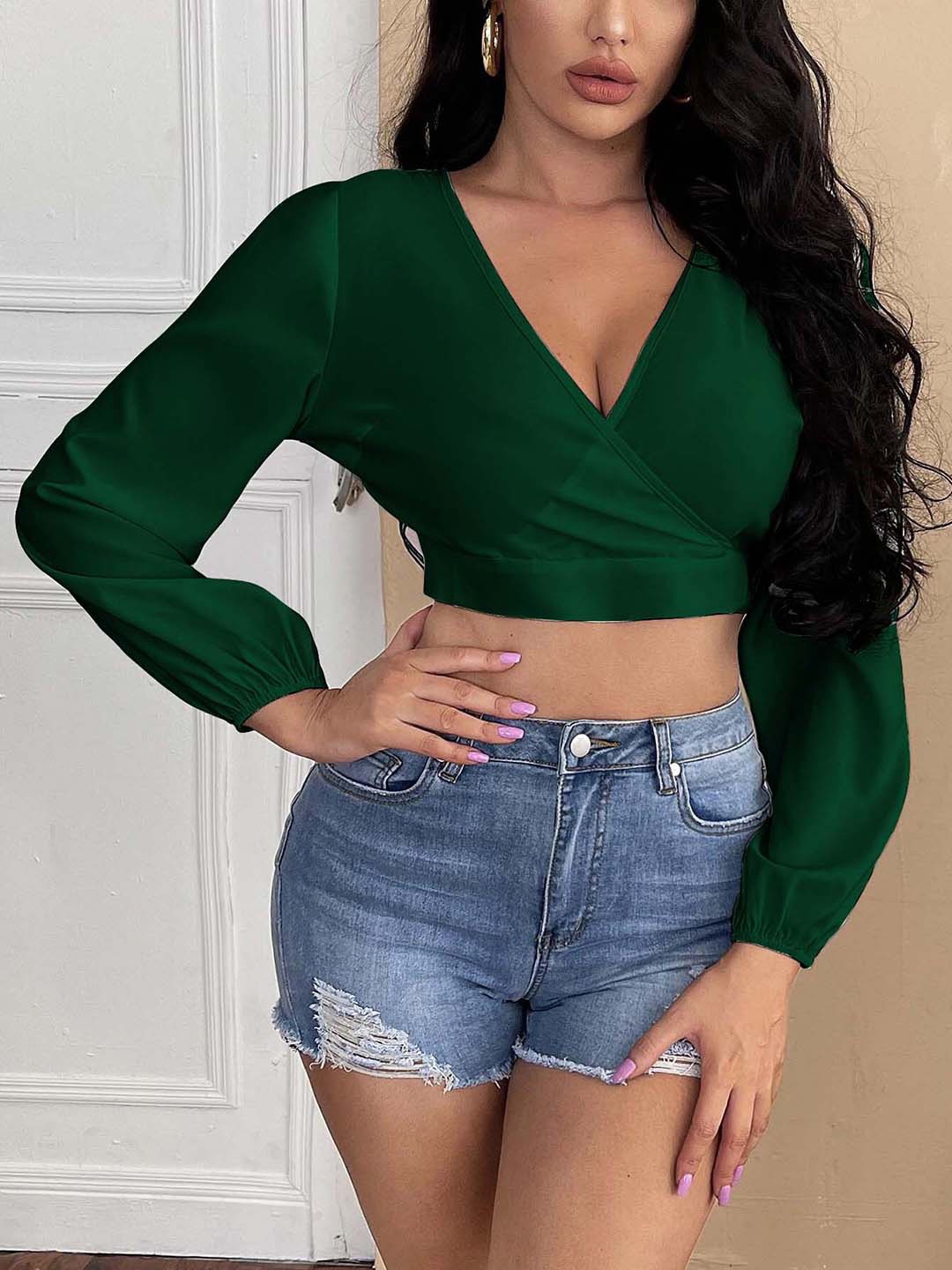 

RAJOVATI V-Neck Cotton Styled Back Crop Top, Green