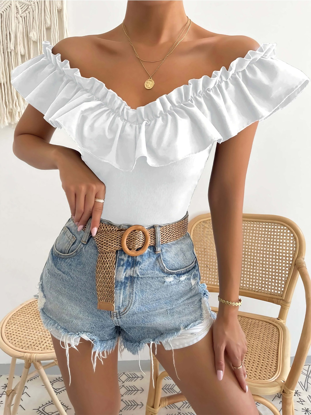 

RAJOVATI Off-Shoulder Flutter Sleeves Cotton Bardot Crop Top, White