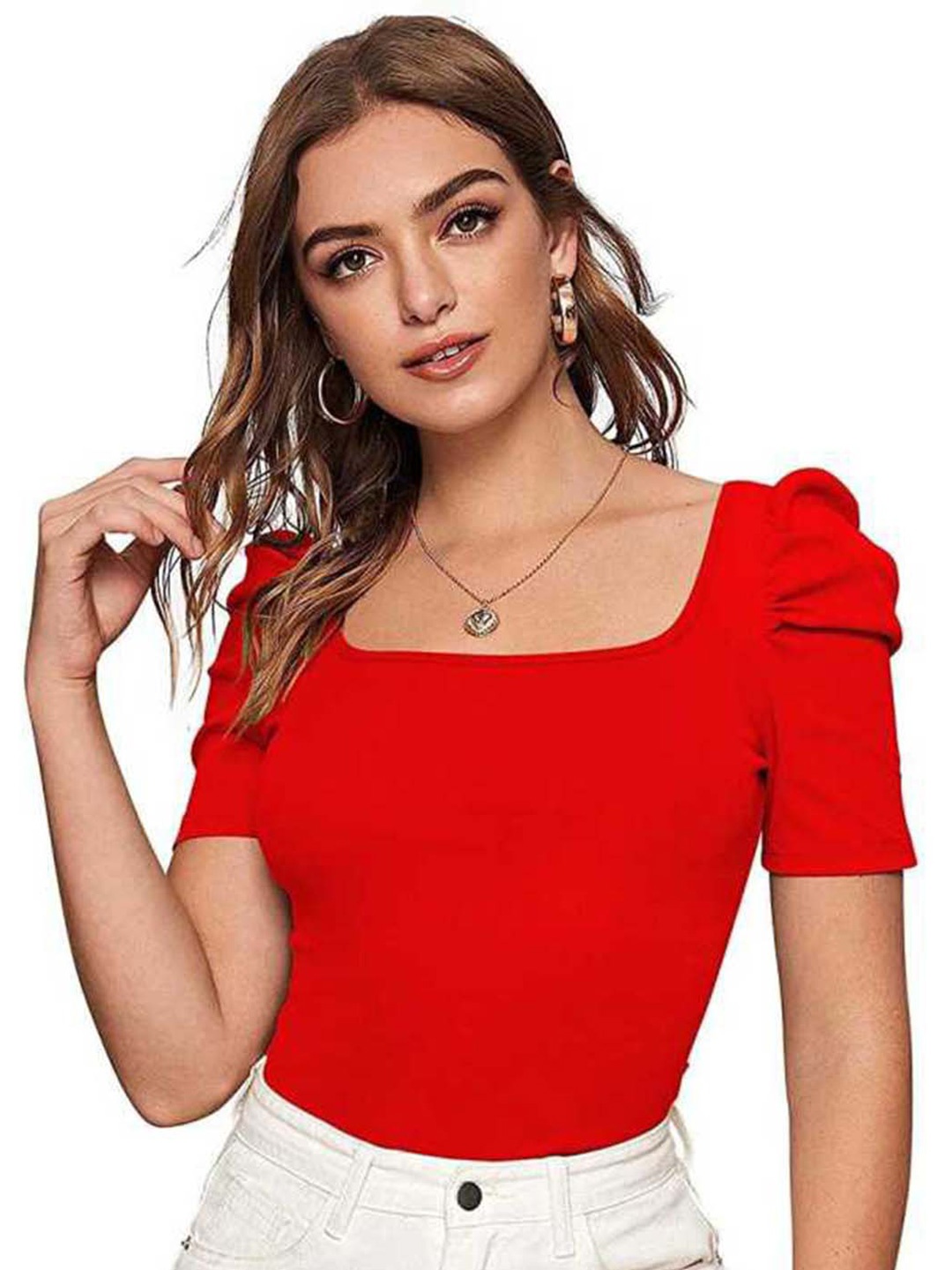 

RAJOVATI Square Neck Puff Sleeves Regular Top, Red