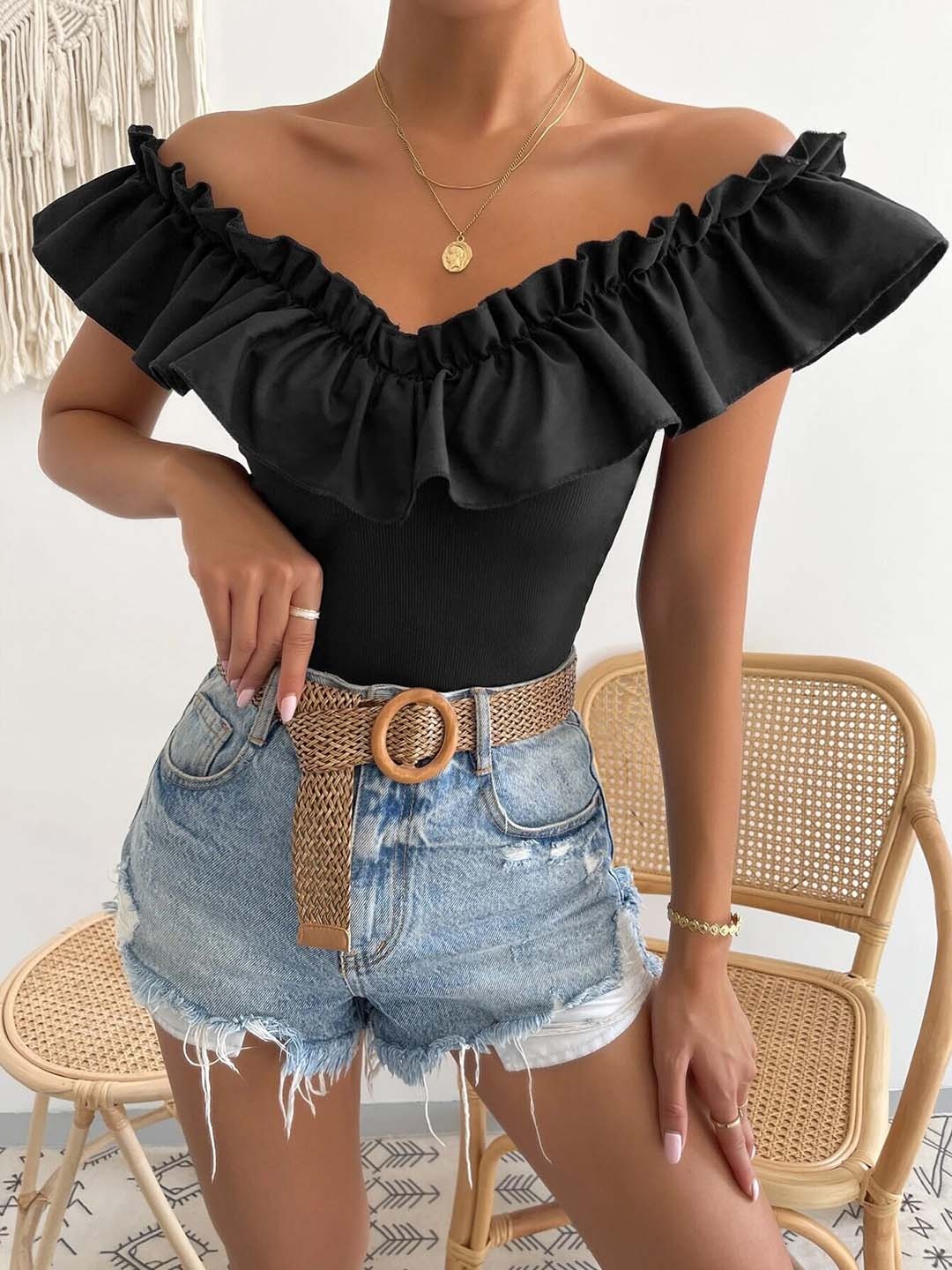 

RAJOVATI Off-Shoulder Flutter Sleeve Cotton Bardot Crop Top, Black