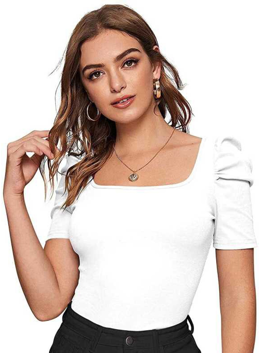 

RAJOVATI Puff Sleeves Square Neck Bardot Top, White