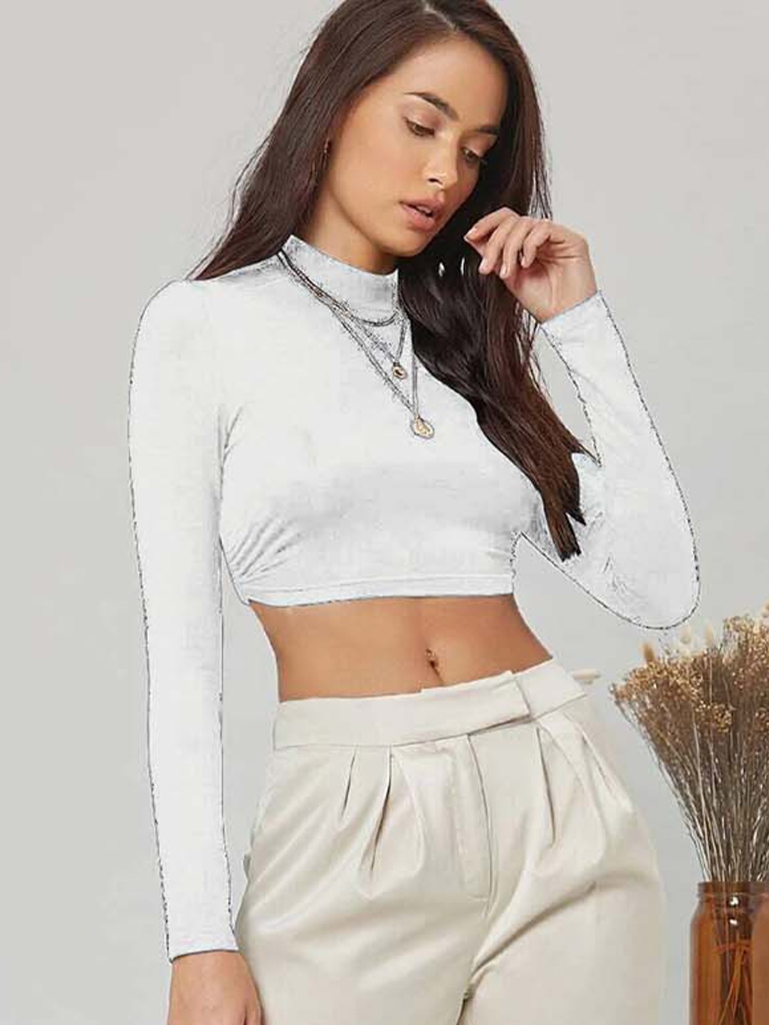 

RAJOVATI High Neck Cotton Styled Back Crop Top, White