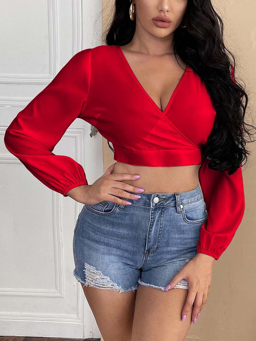 

RAJOVATI Styled Back Cotton Crop Top, Red