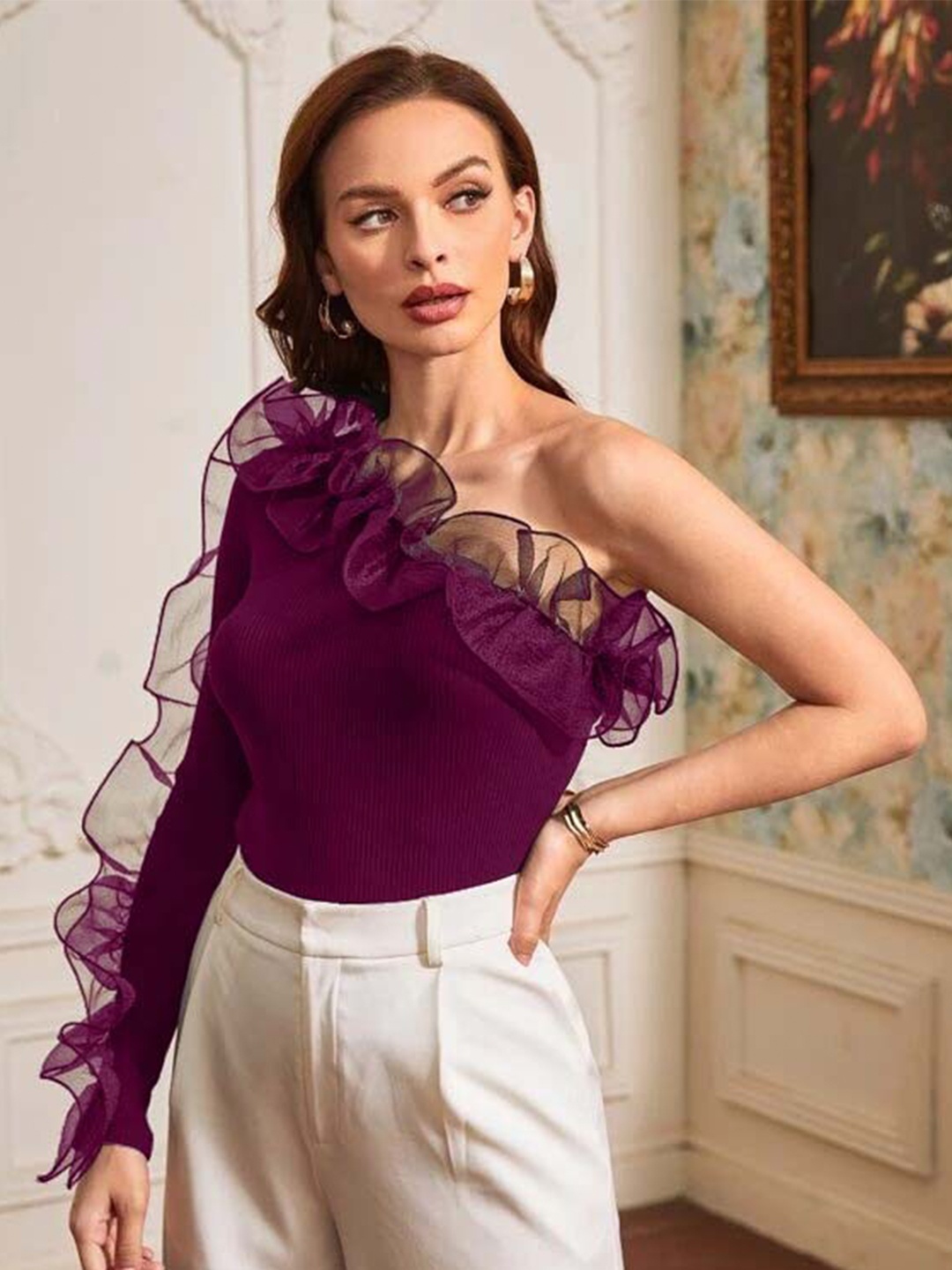 

RAJOVATI One Shoulder Ruffled Cotton Top, Purple