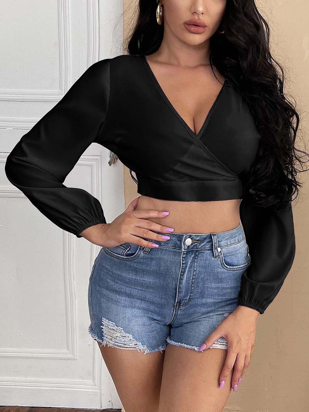 

RAJOVATI V-Neck Styled Back Cotton Crop Top, Black