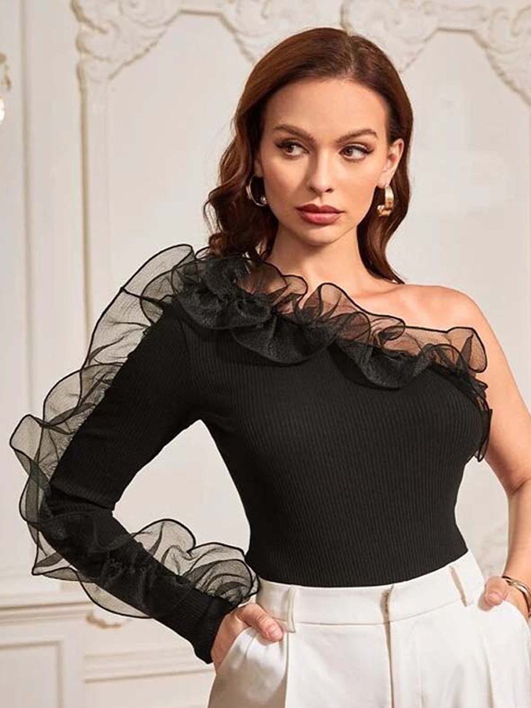 

RAJOVATI One Shoulder Ruffled Cotton Regular Top, Black