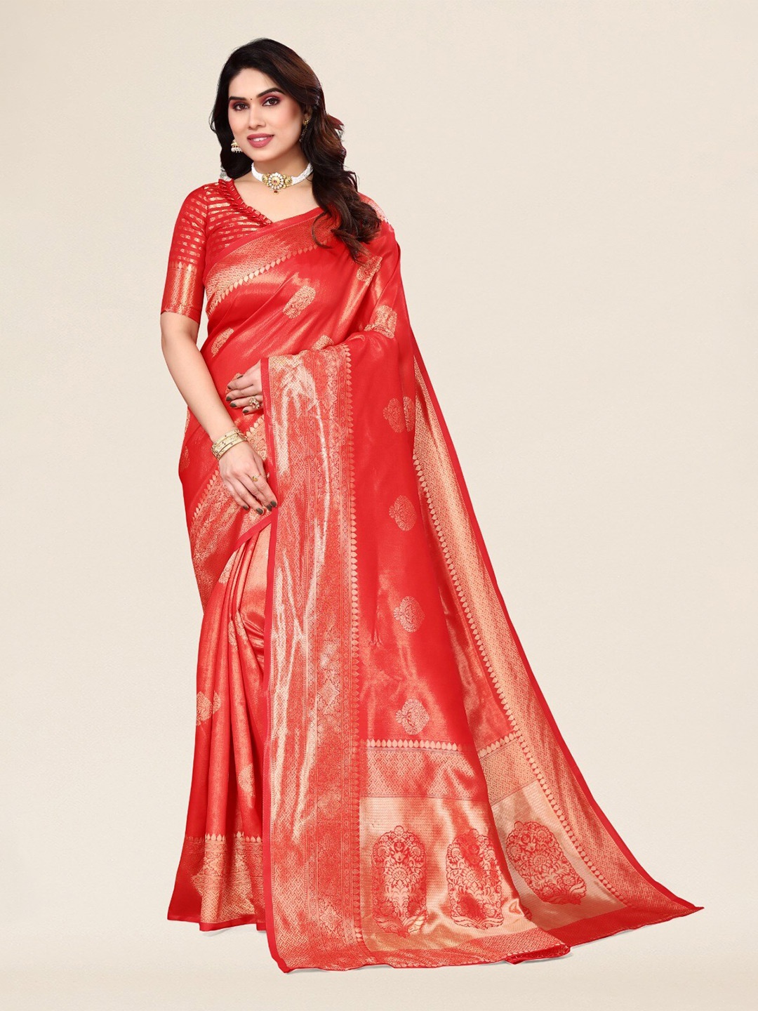 

DIVASTRI Ethnic Motifs Printed Zari Silk Cotton Banarasi Saree, Red
