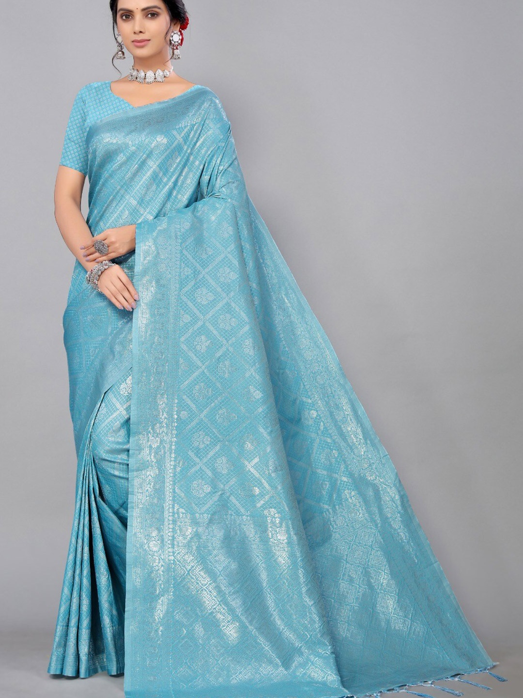 

DIVASTRI Floral Woven Design Zari Cotton Silk Banarasi Saree, Blue