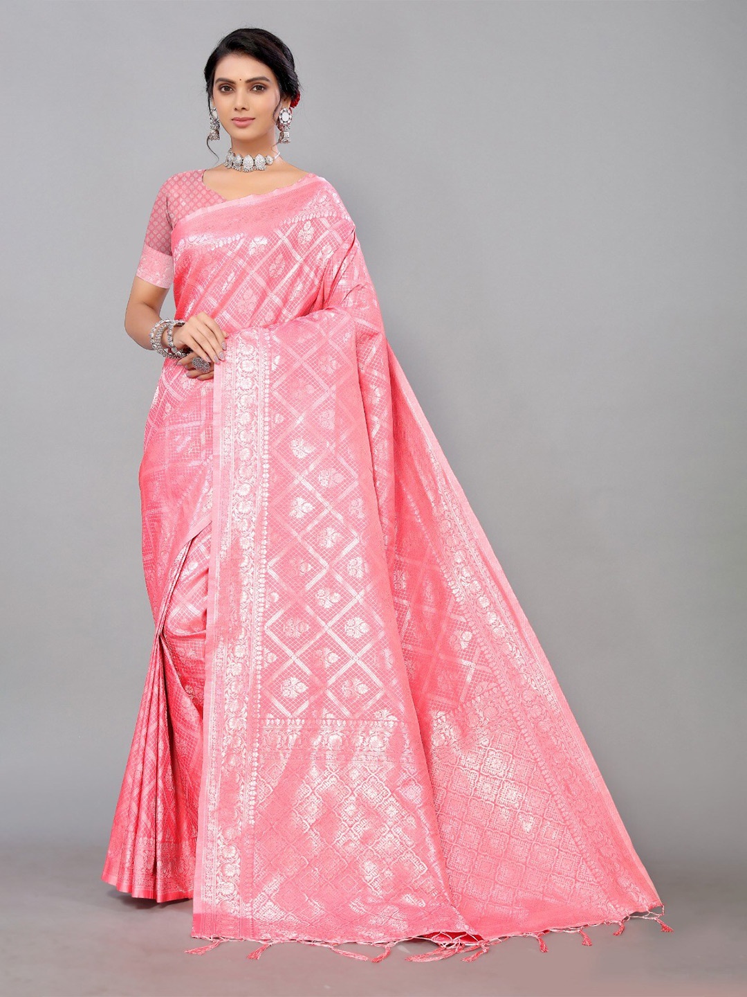 

DIVASTRI Ethnic Motifs Woven Design Zari Silk Cotton Banarasi Saree, Pink