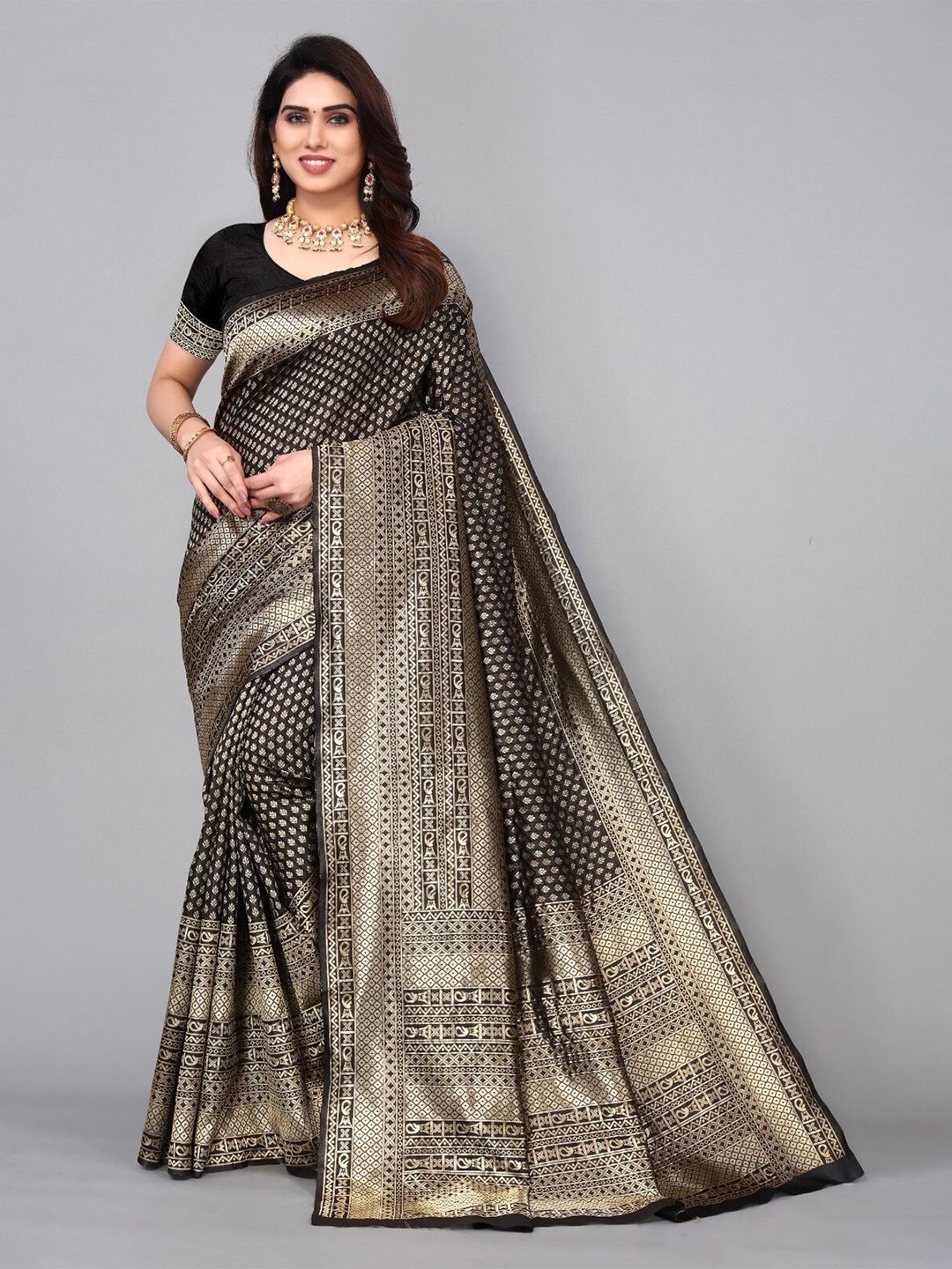 

DIVASTRI Ethnic Motifs Zari Silk Cotton Banarasi Saree, Black