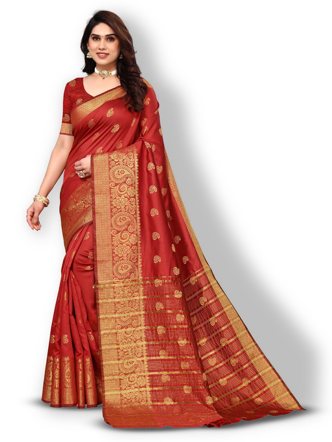 

DIVASTRI Ethnic Motifs Woven Design Zari Silk Cotton Banarasi Saree, Red