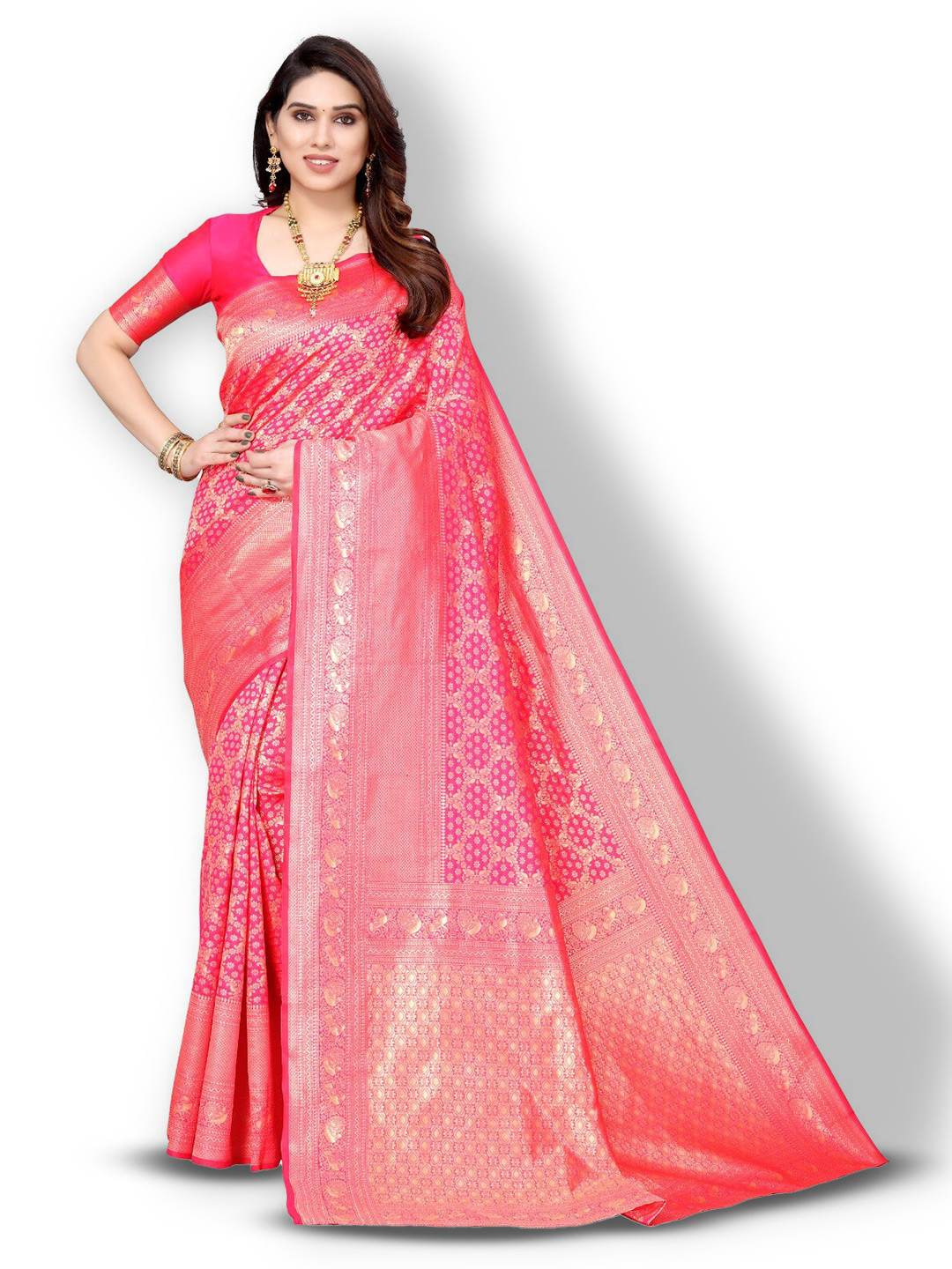 

DIVASTRI Ethnic Motifs Woven Design Zari Silk Cotton Banarasi Saree, Pink