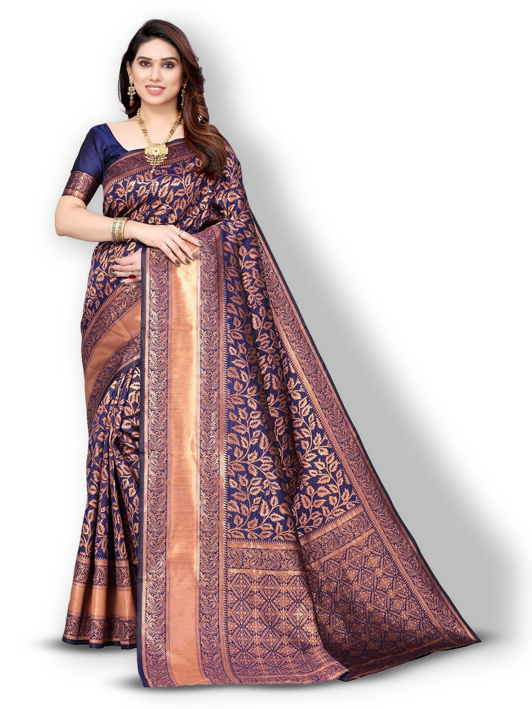 

DIVASTRI Floral Woven Design Zari Silk Cotton Banarasi Saree, Navy blue