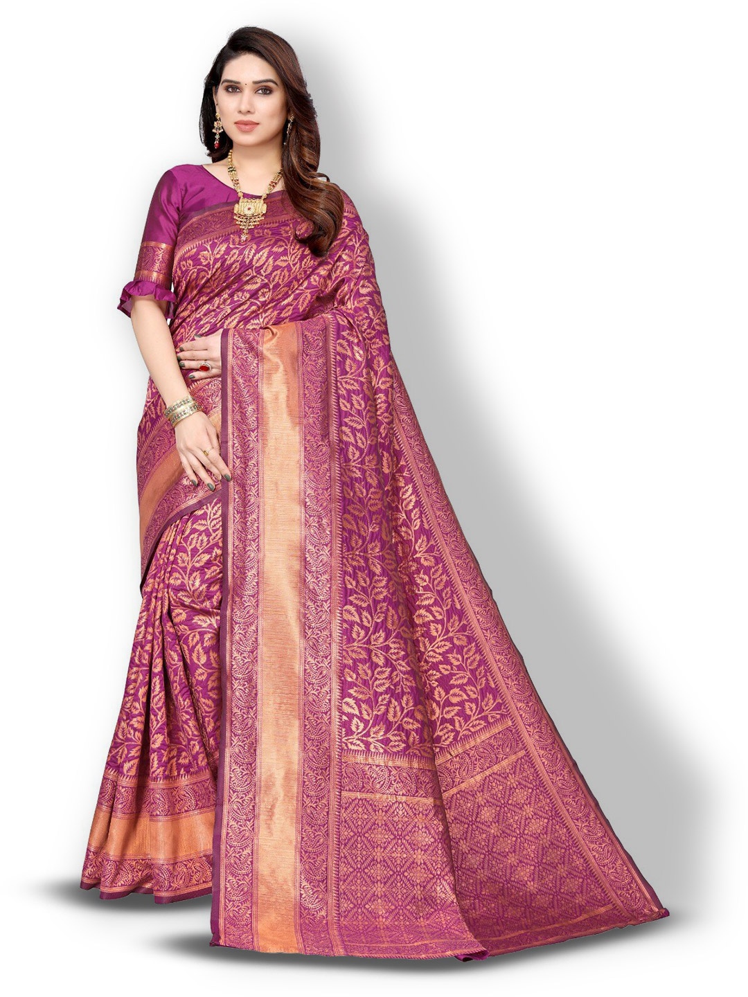 

DIVASTRI Ethnic Motifs Woven Desig Zari Silk Cotton Banarasi Saree, Magenta