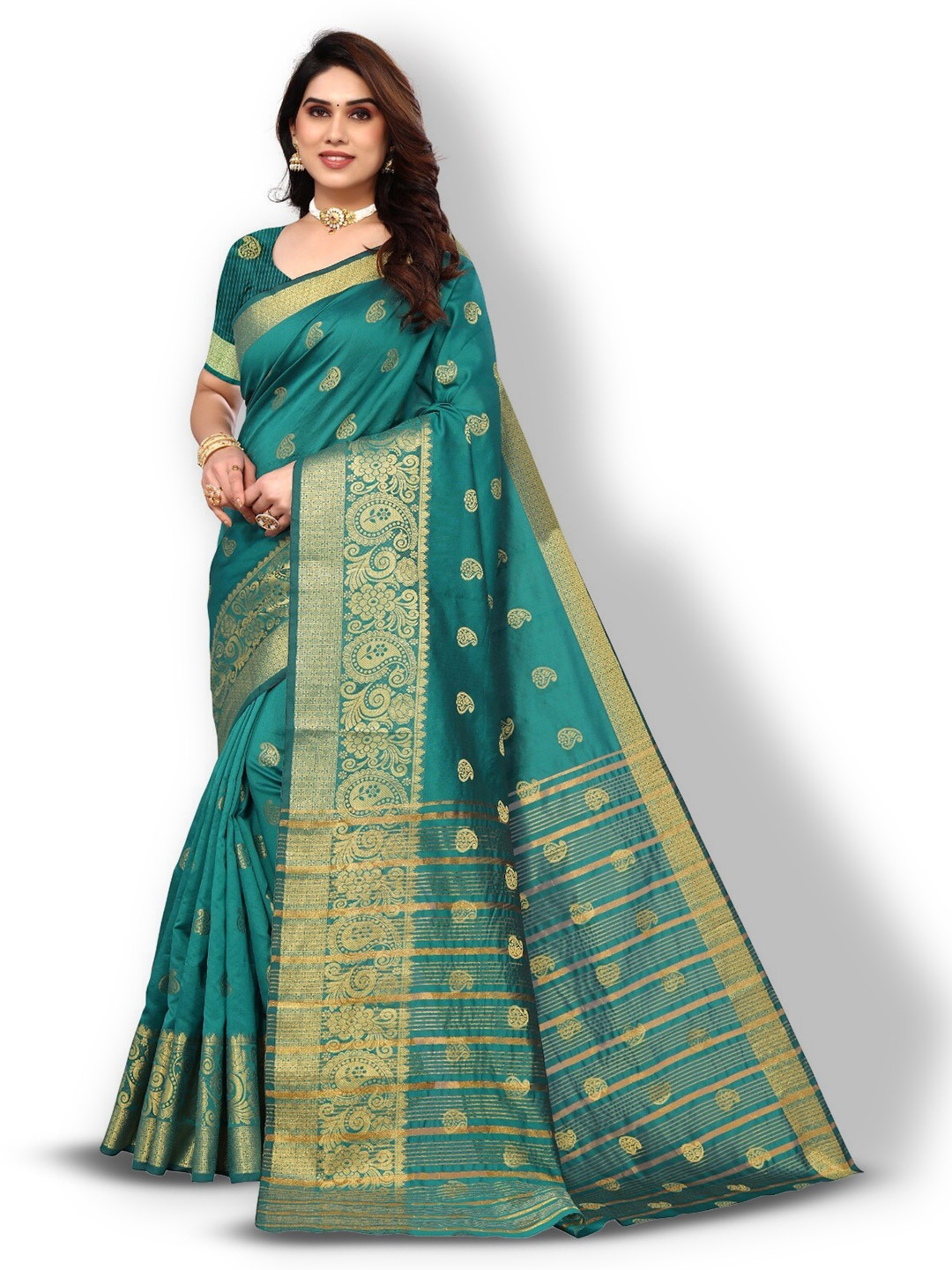 

DIVASTRI Paisley Woven Design Zari Silk Cotton Banarasi Saree, Sea green