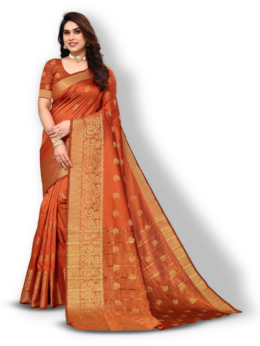 

DIVASTRI Ethnic Motifs Zari Silk Cotton Banarasi Saree, Orange