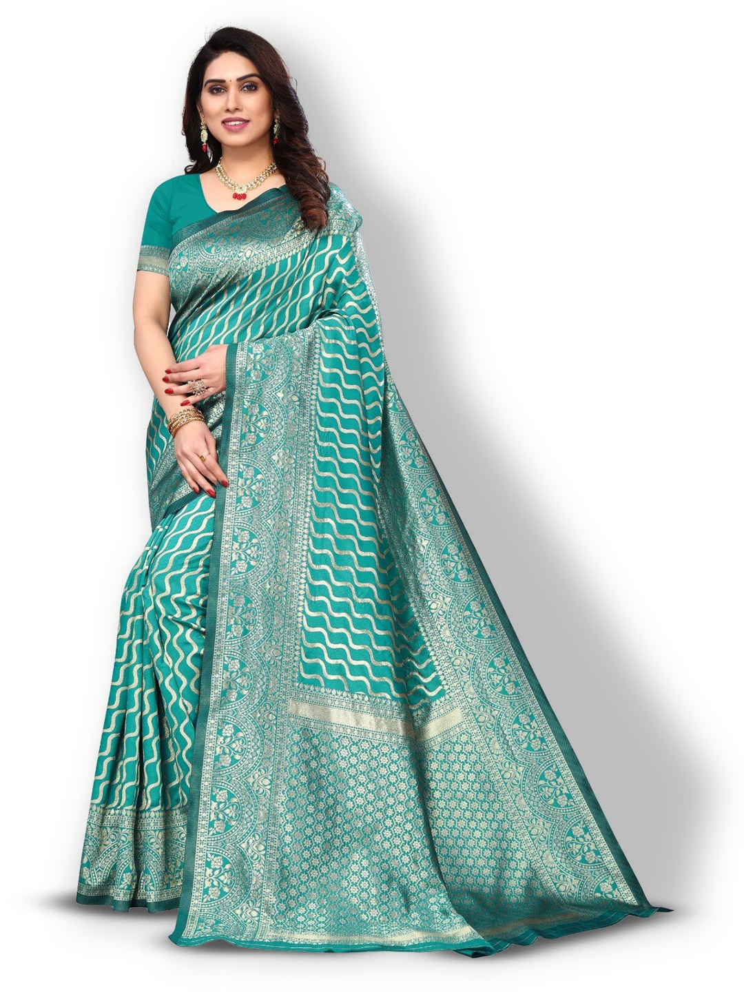 

DIVASTRI S Ethnic Motifs Zari Silk Cotton Banarasi Saree, Sea green