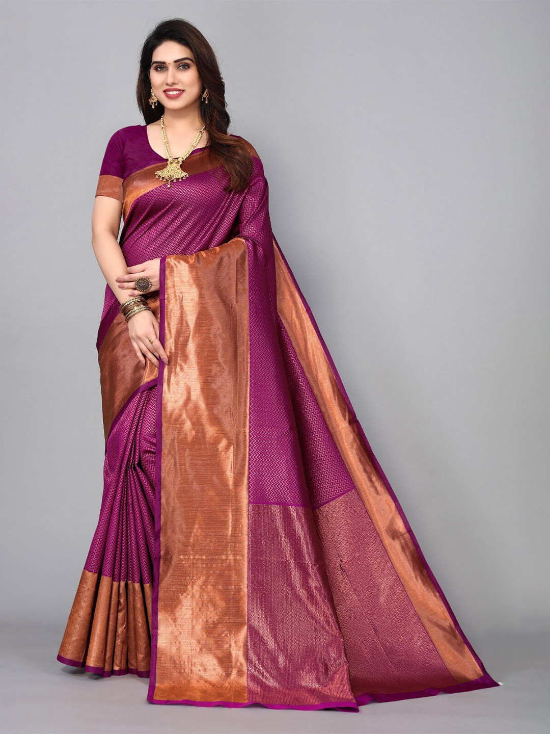 

DIVASTRI Ethnic Motifs Woven Design Zari Silk Cotton Banarasi Saree, Purple