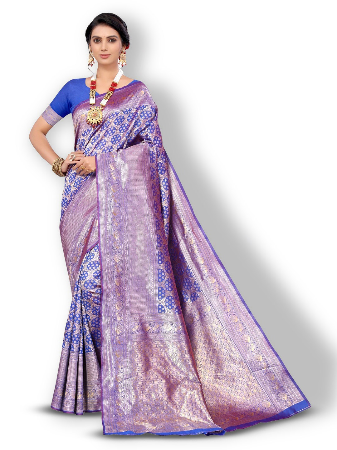 

DIVASTRI Ethnic Motifs Woven Design Zari Silk Cotton Banarasi Saree, Blue